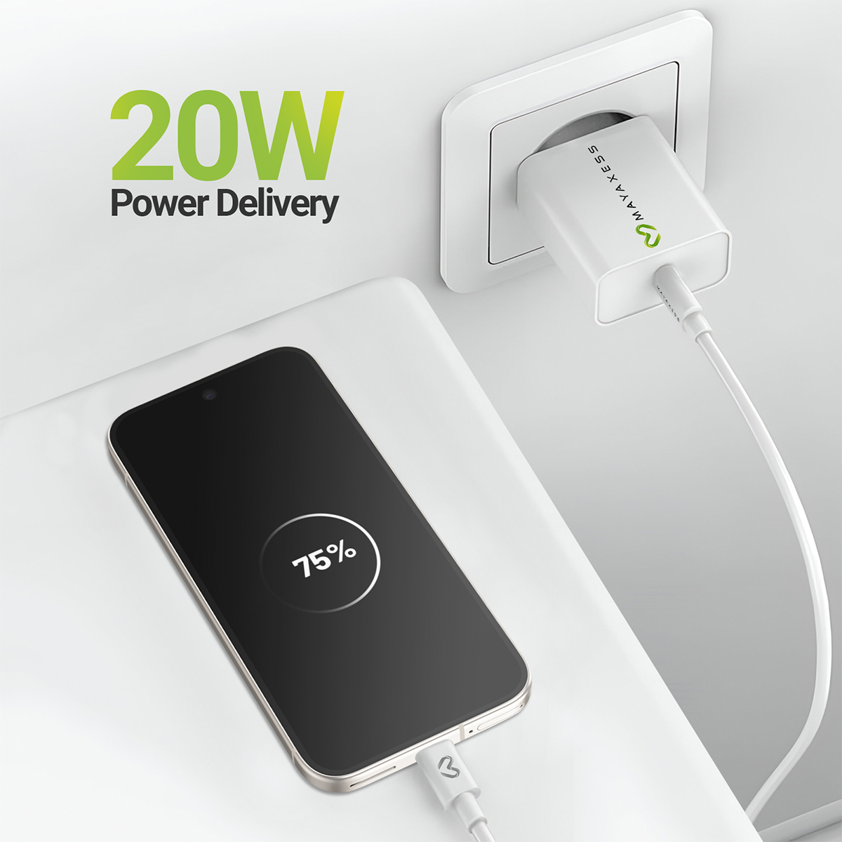 Uno smartphone viene caricato con un alimentatore bianco. 20W Power Delivery.