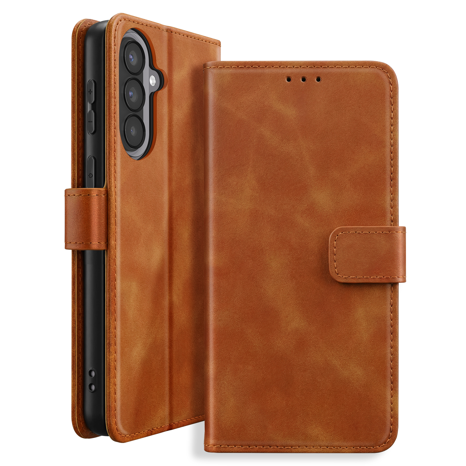 Custodia a libro in pelle marrone per smartphone, aperta per rivelare la fotocamera.
