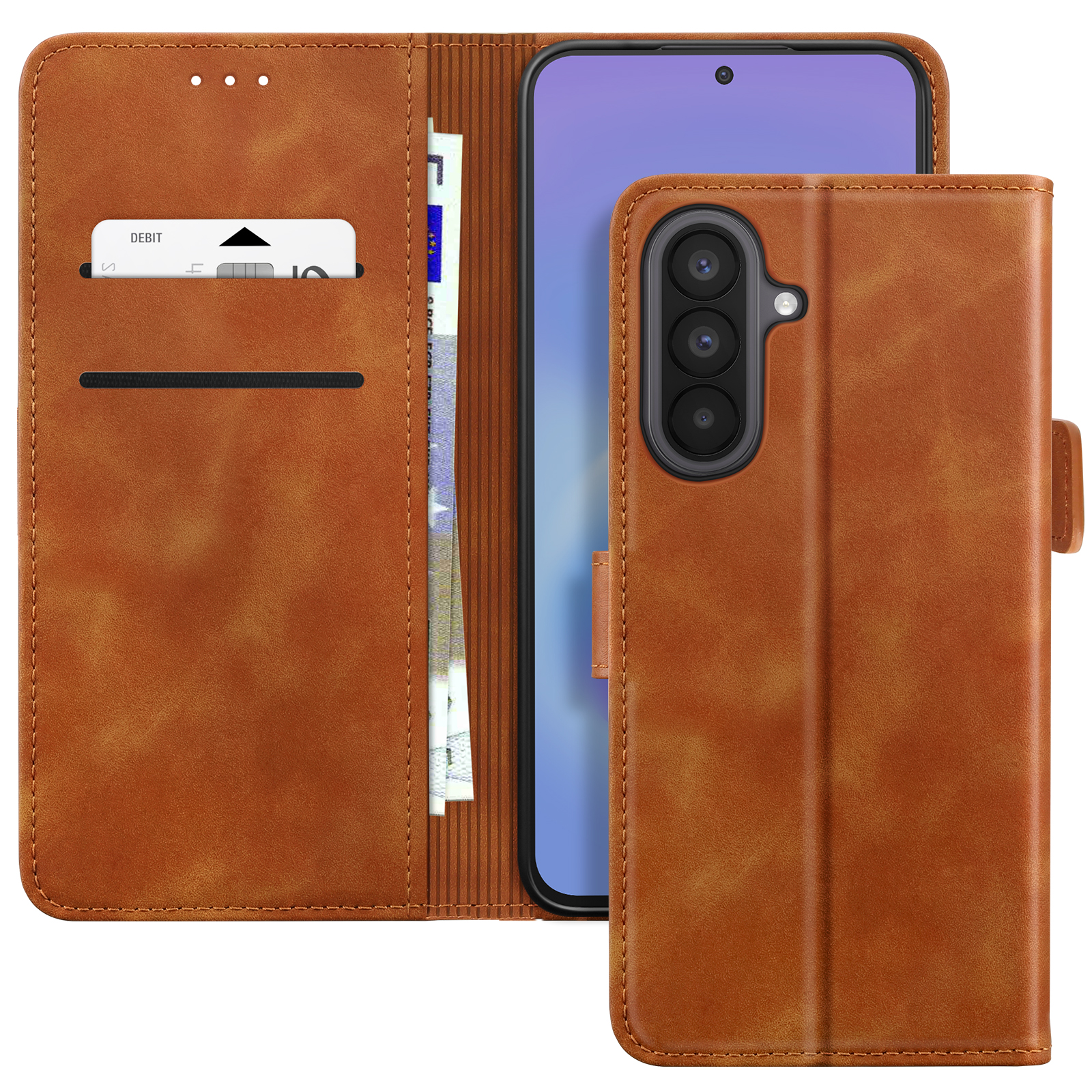 Custodia in pelle marrone per telefono con porta carte e tasca.
