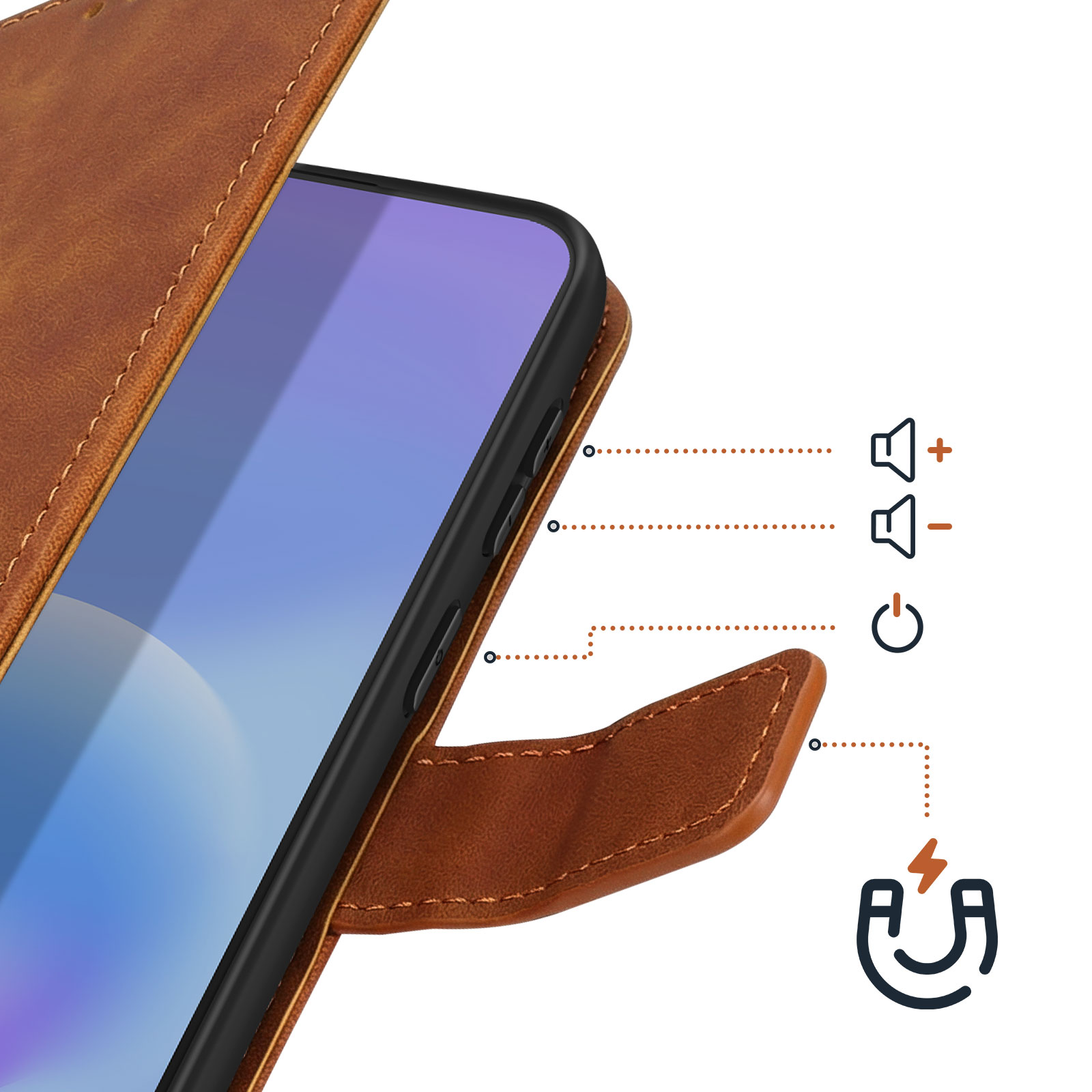 Custodia in pelle marrone per telefono con pulsanti, icone altoparlante e simbolo magnete.