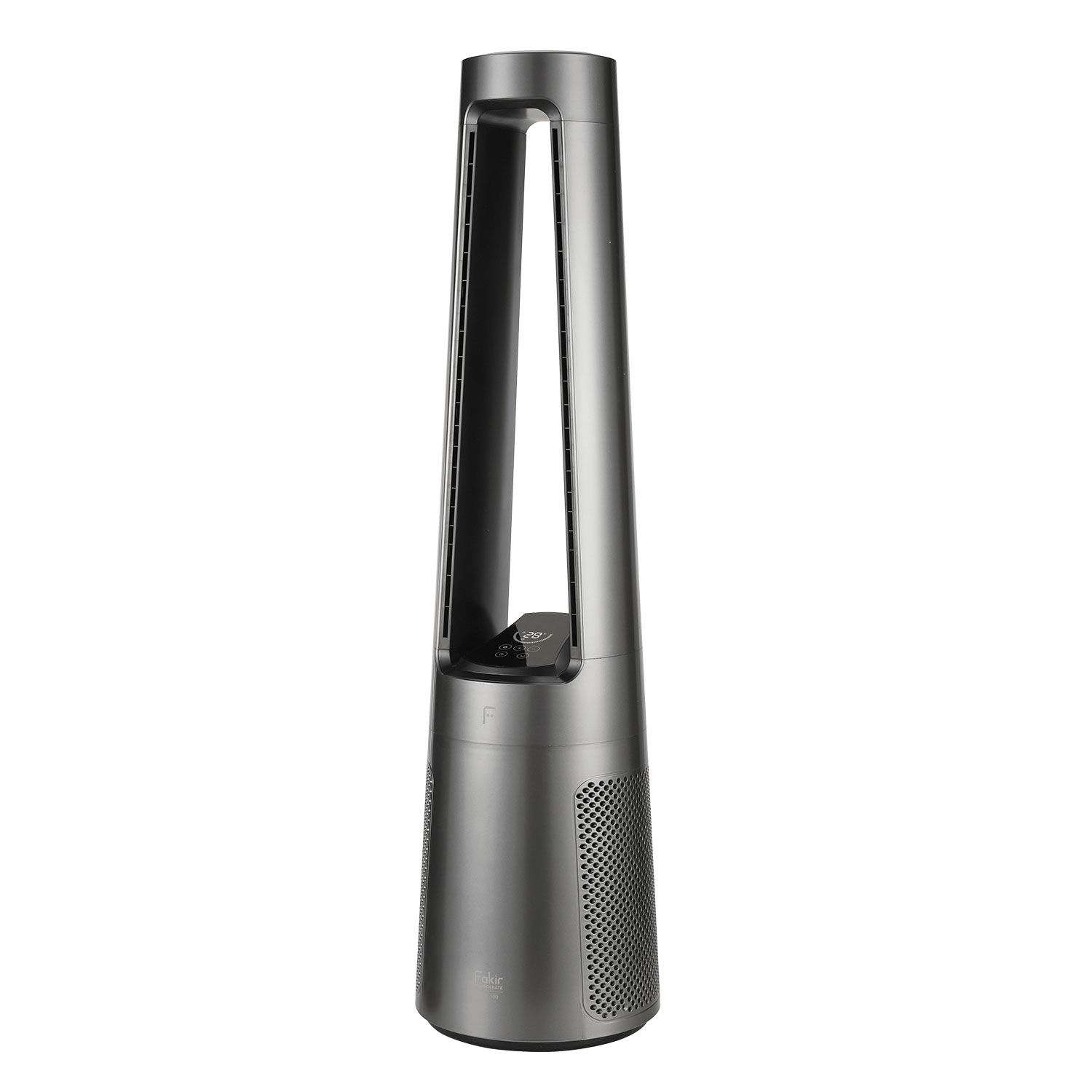 Ein schlanker, dunkler Turmventilator mit digitalen Bedienelementen und einem perforierten Sockel.