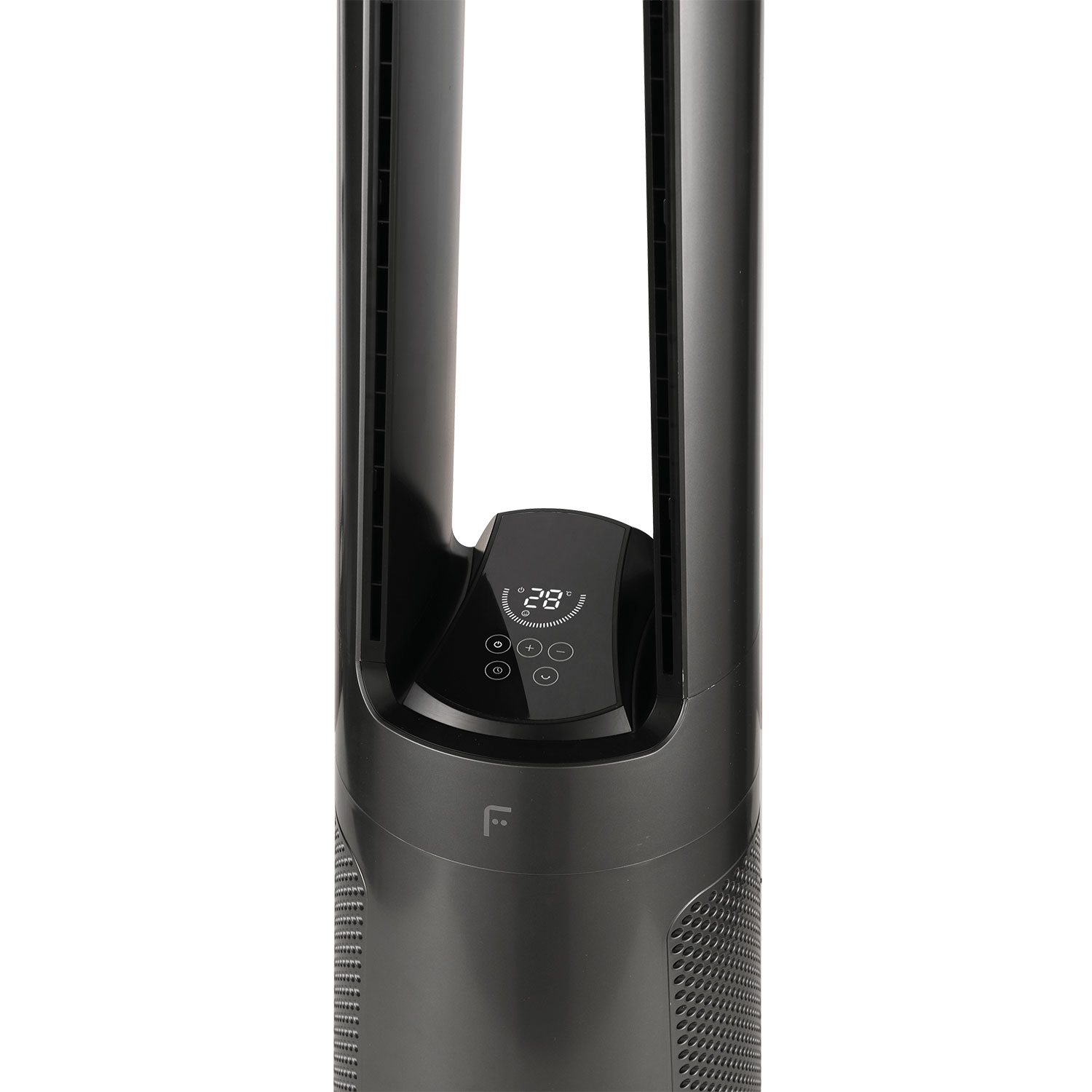 Ein dunkler Turmventilator mit digitaler Anzeige von 28 Grad.