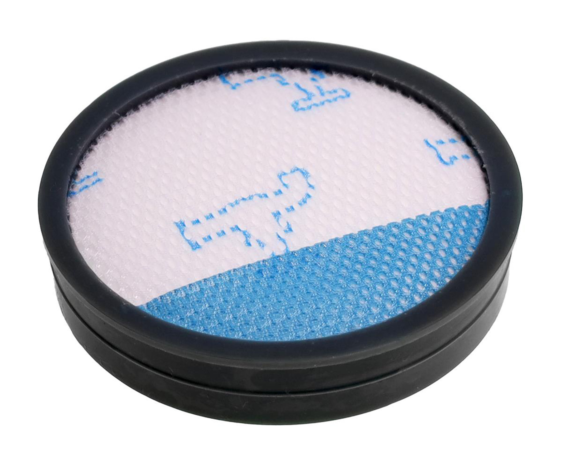 Ein runder Staubsaugerfilter mit schwarzem Rahmen und weißem und blauem Filtermedium.