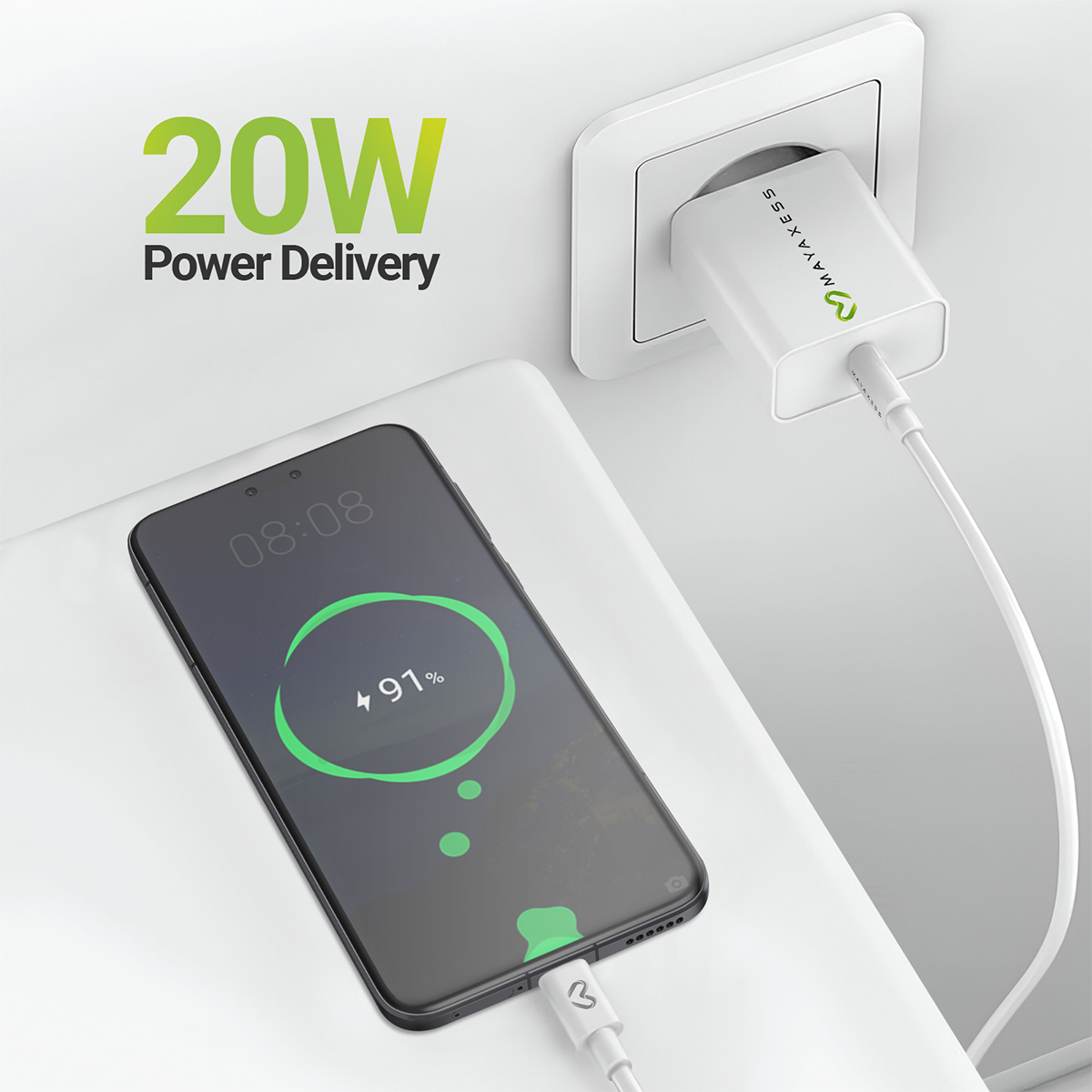 Telefono in carica con adattatore 20W Power Delivery inserito.