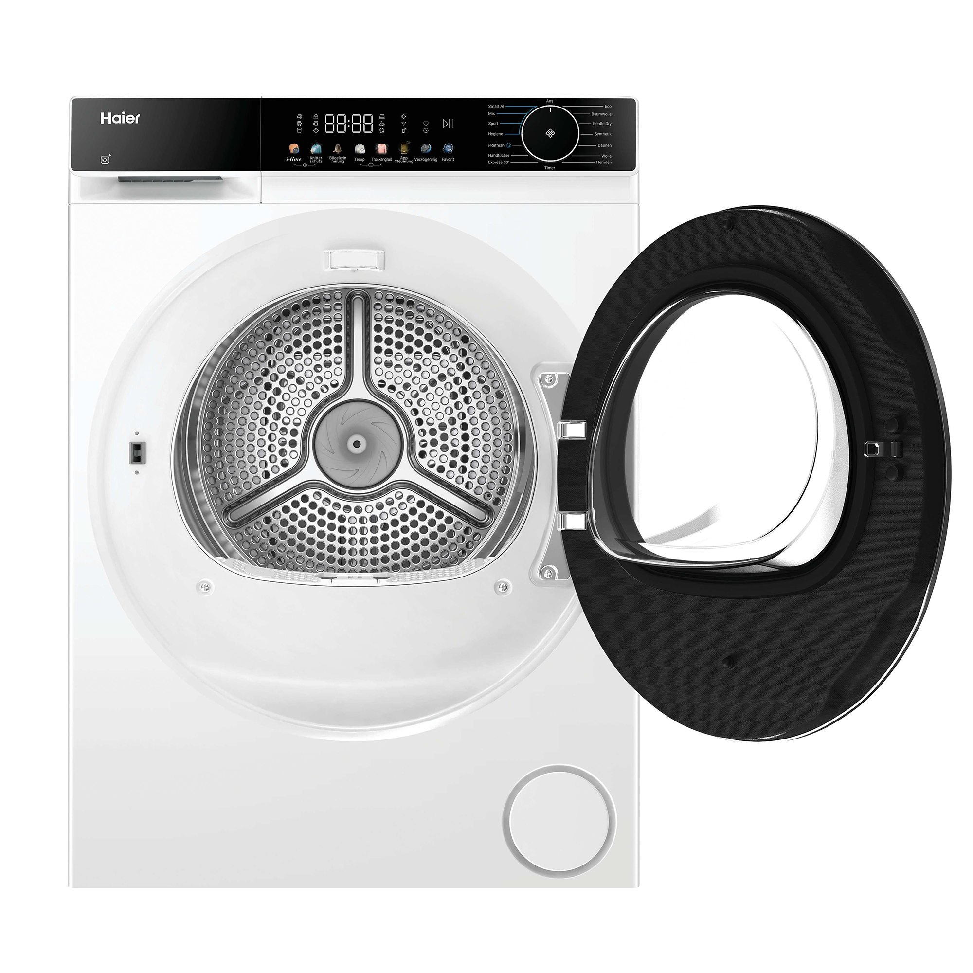 Haier Trockner mit geöffneter Tür, Bedienfeld oben, Trommel sichtbar.