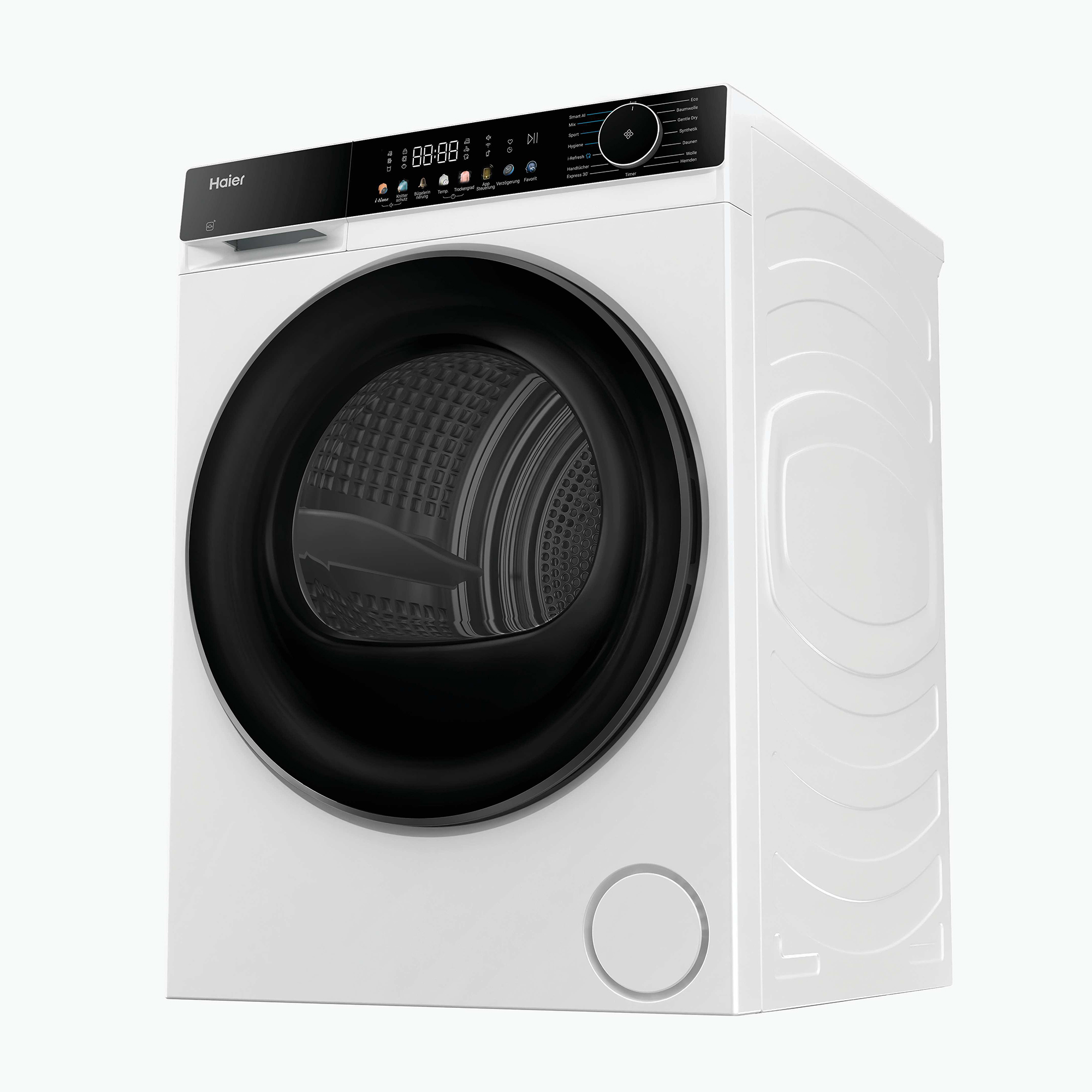 Eine weiße Haier Waschmaschine mit schwarzer Tür und Bedienfeld.