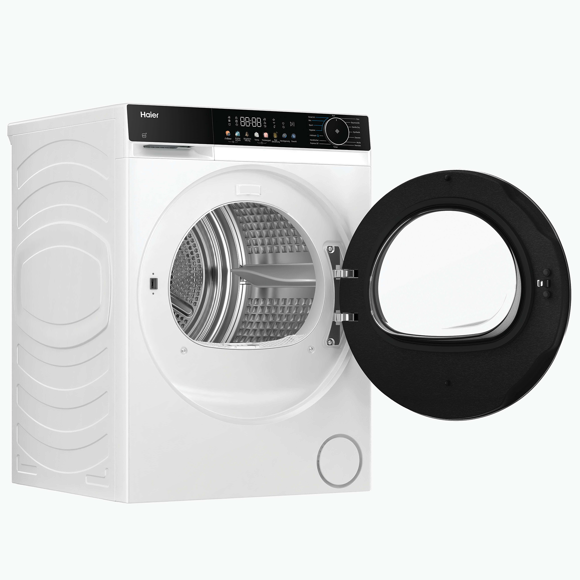 Weiße Haier-Waschmaschine mit geöffneter schwarzer Tür und Bedienfeld.