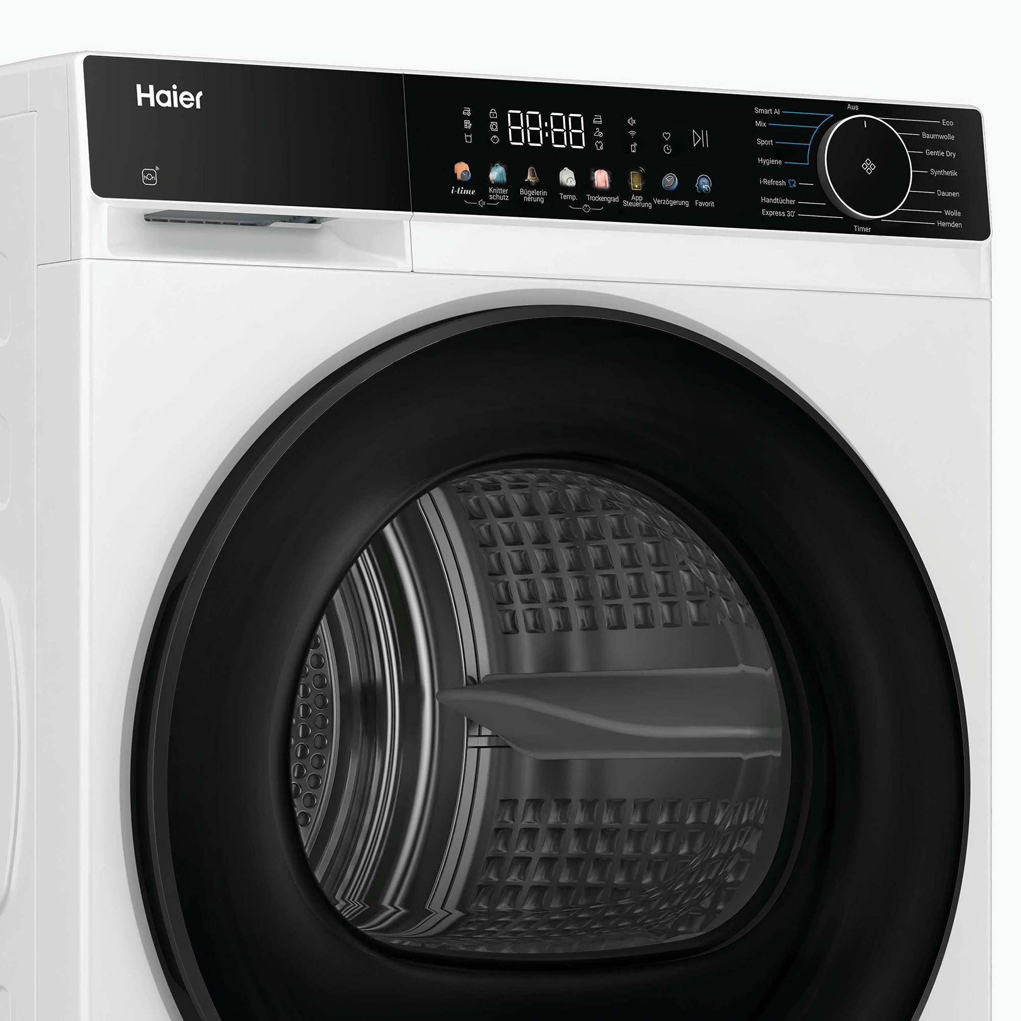 Haier Trockner mit digitalem Display, Drehregler und verschiedenen Programmen.
