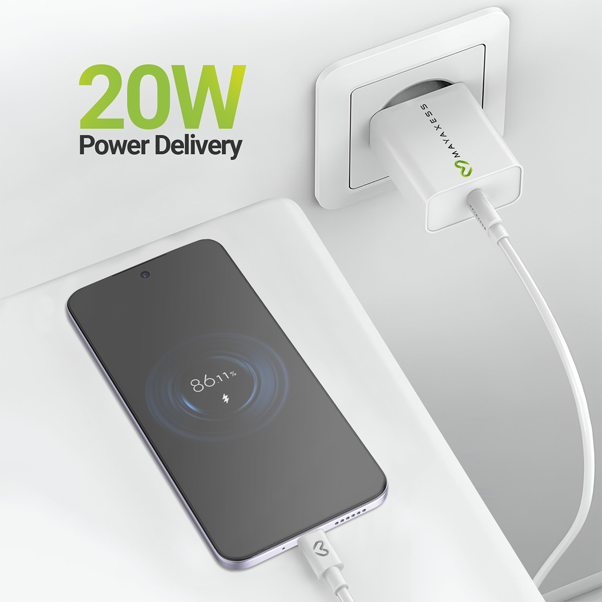 Uno smartphone all'86% di batteria è collegato a un caricabatterie bianco MAXAXESS da 20W.