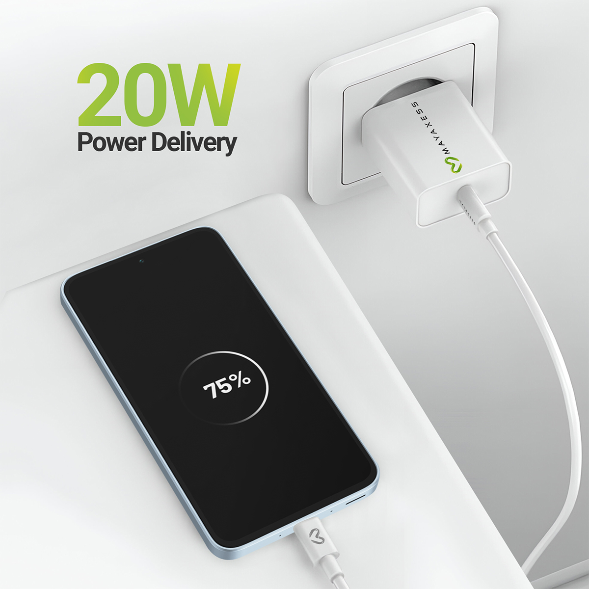 Uno smartphone in carica al 75%, accanto a un alimentatore da 20W.