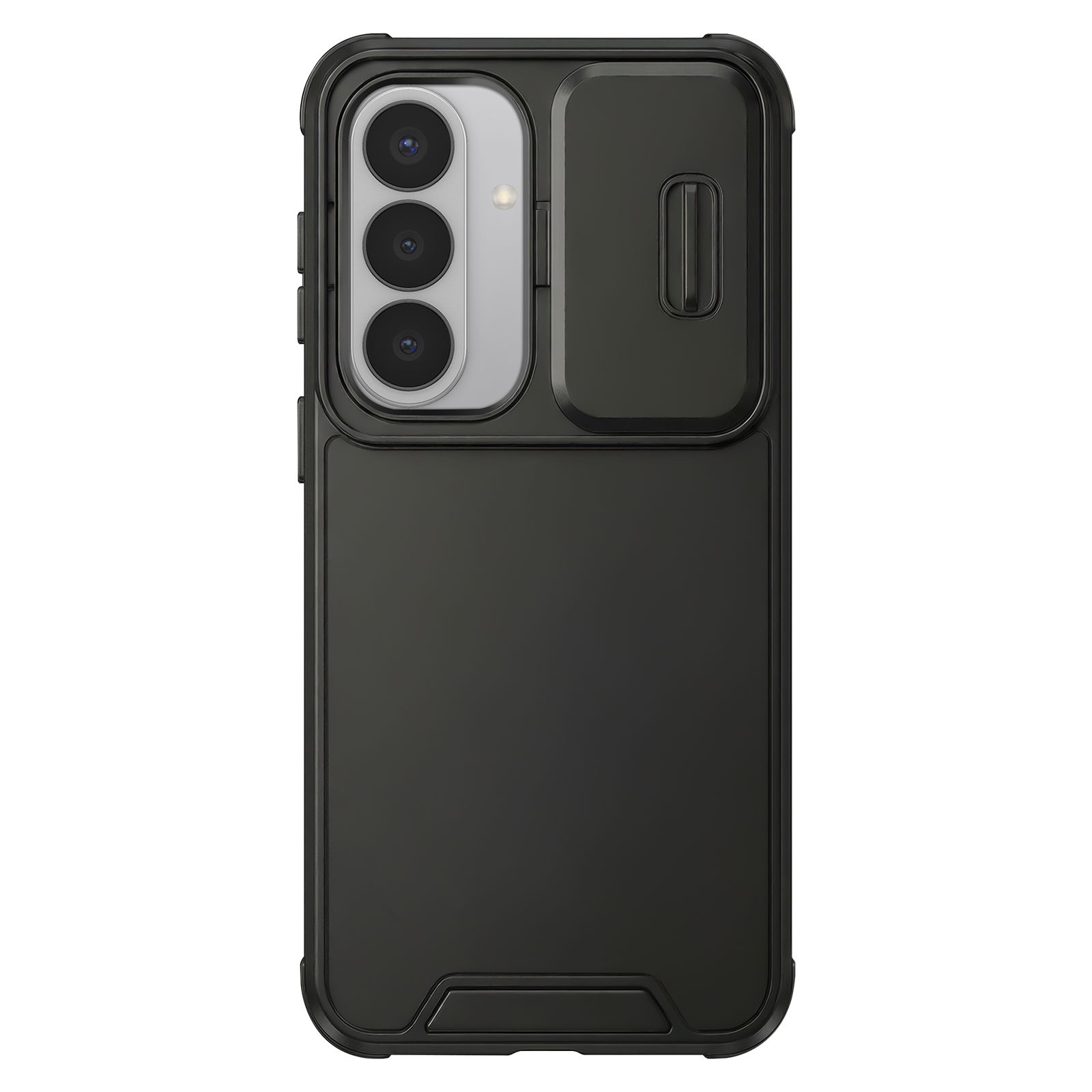 Coque de téléphone noire avec triple appareil photo et cache coulissant.