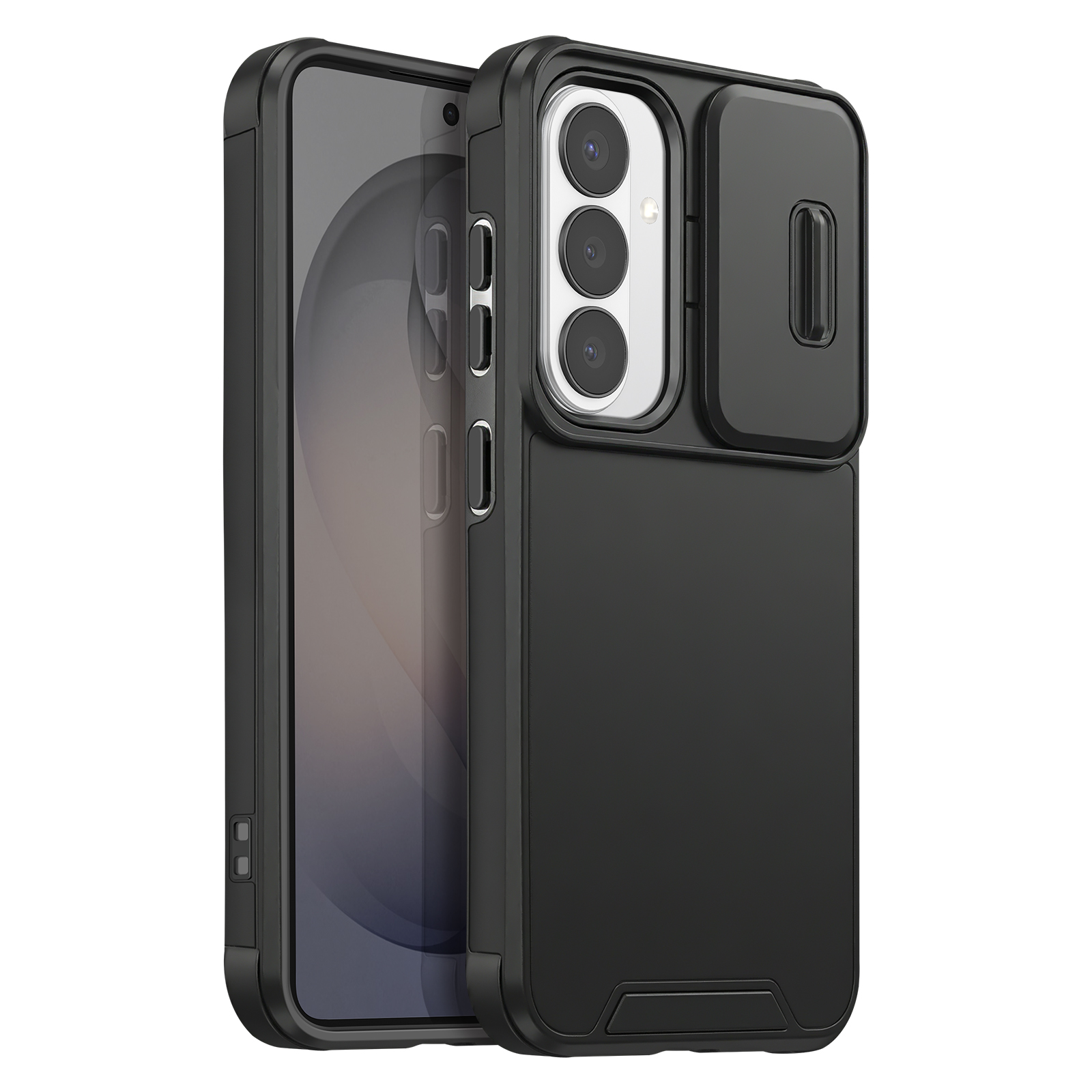Coque noire pour téléphone avec trois caméras et cache coulissant.