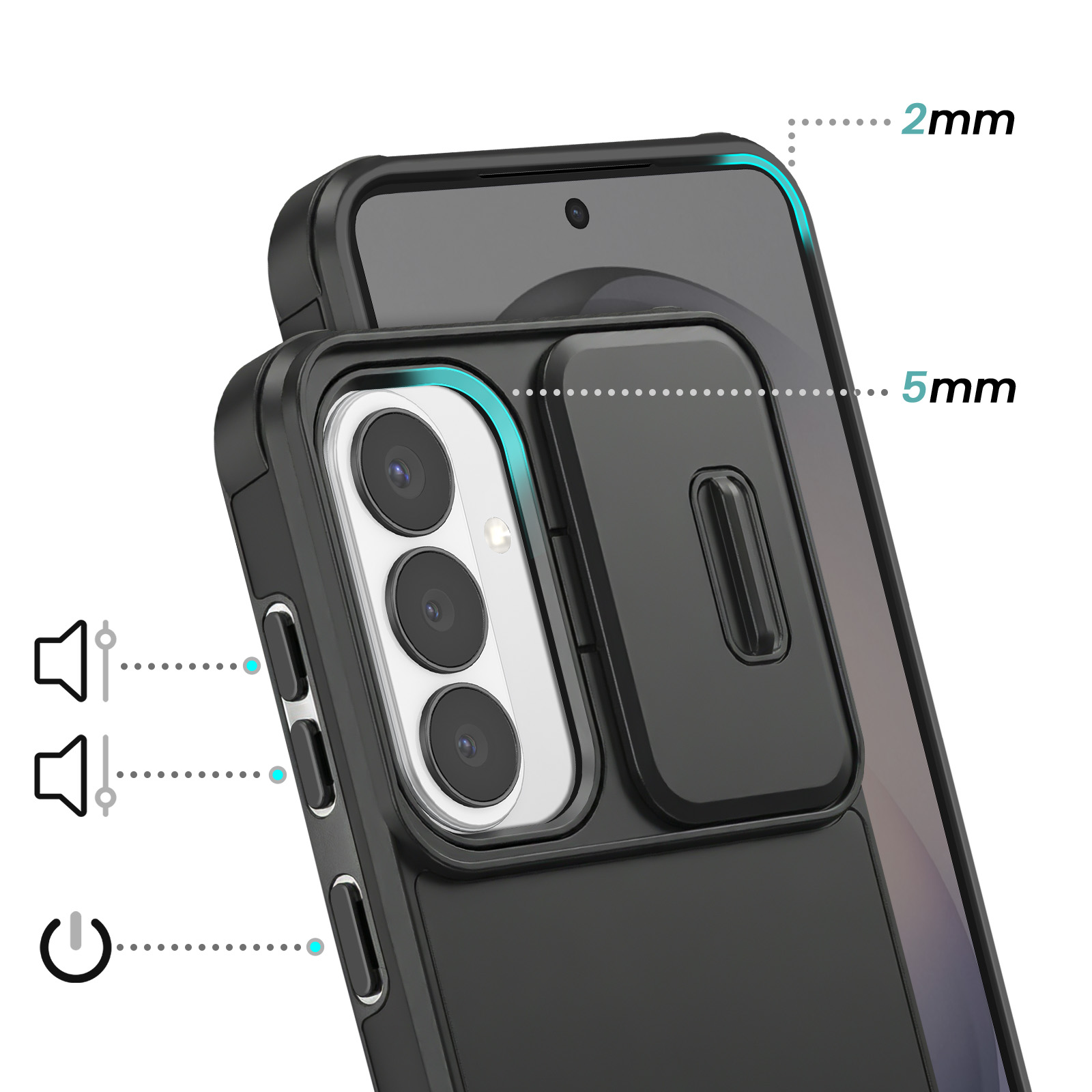 Étui de téléphone noir avec marquages et icônes de 2 mm et 5 mm.