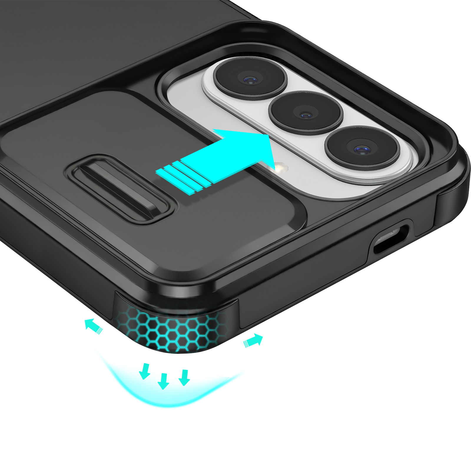 Coque de téléphone noire avec découpe caméra et flèches indiquant la ventilation.