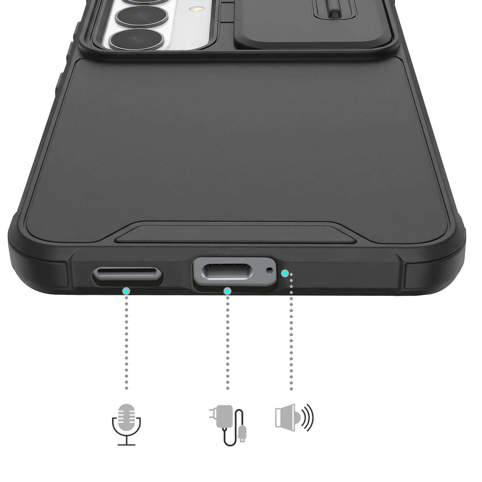 Coque de téléphone noire avec découpes pour ports et prise.