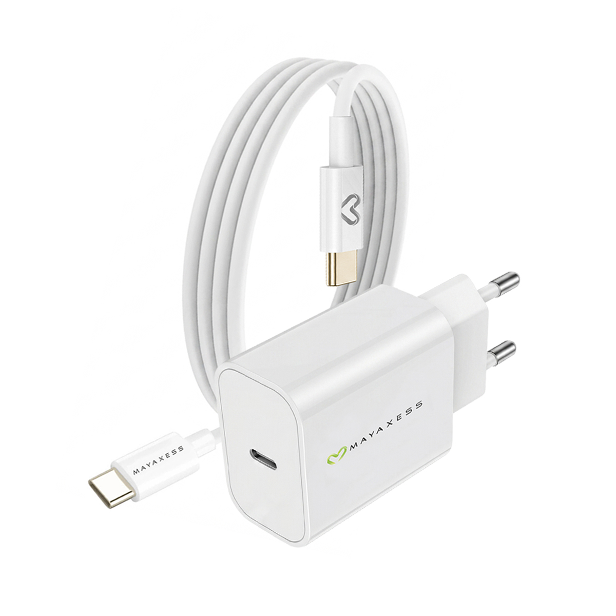 Ein weißes USB-C-Ladegerät und ein weißes Kabel mit USB-C-Anschluss.