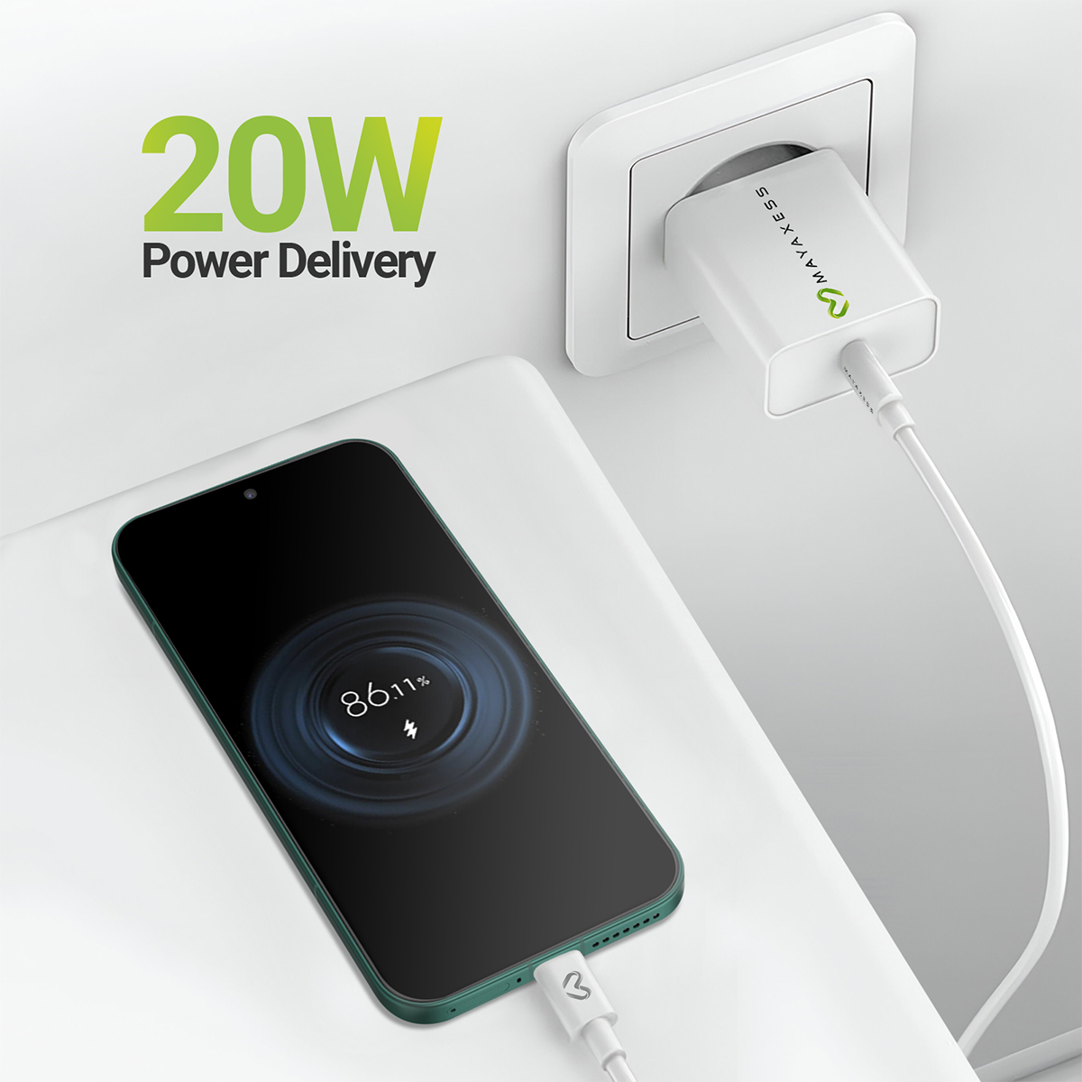 Ein grünes Smartphone wird mit einem weißen 20W Ladegerät aufgeladen.