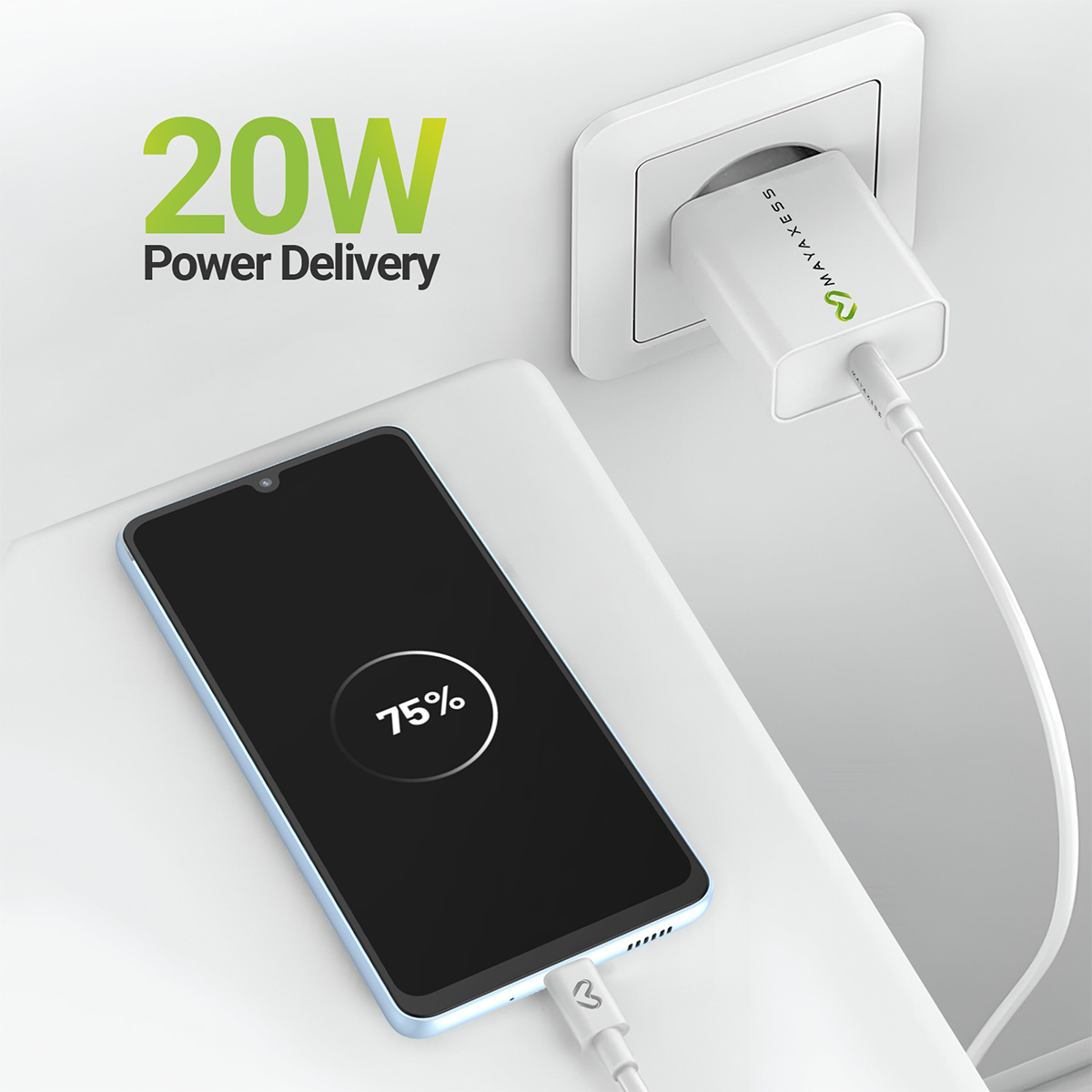 Uno smartphone si sta caricando con un adattatore da 20W. La batteria è al 75%.