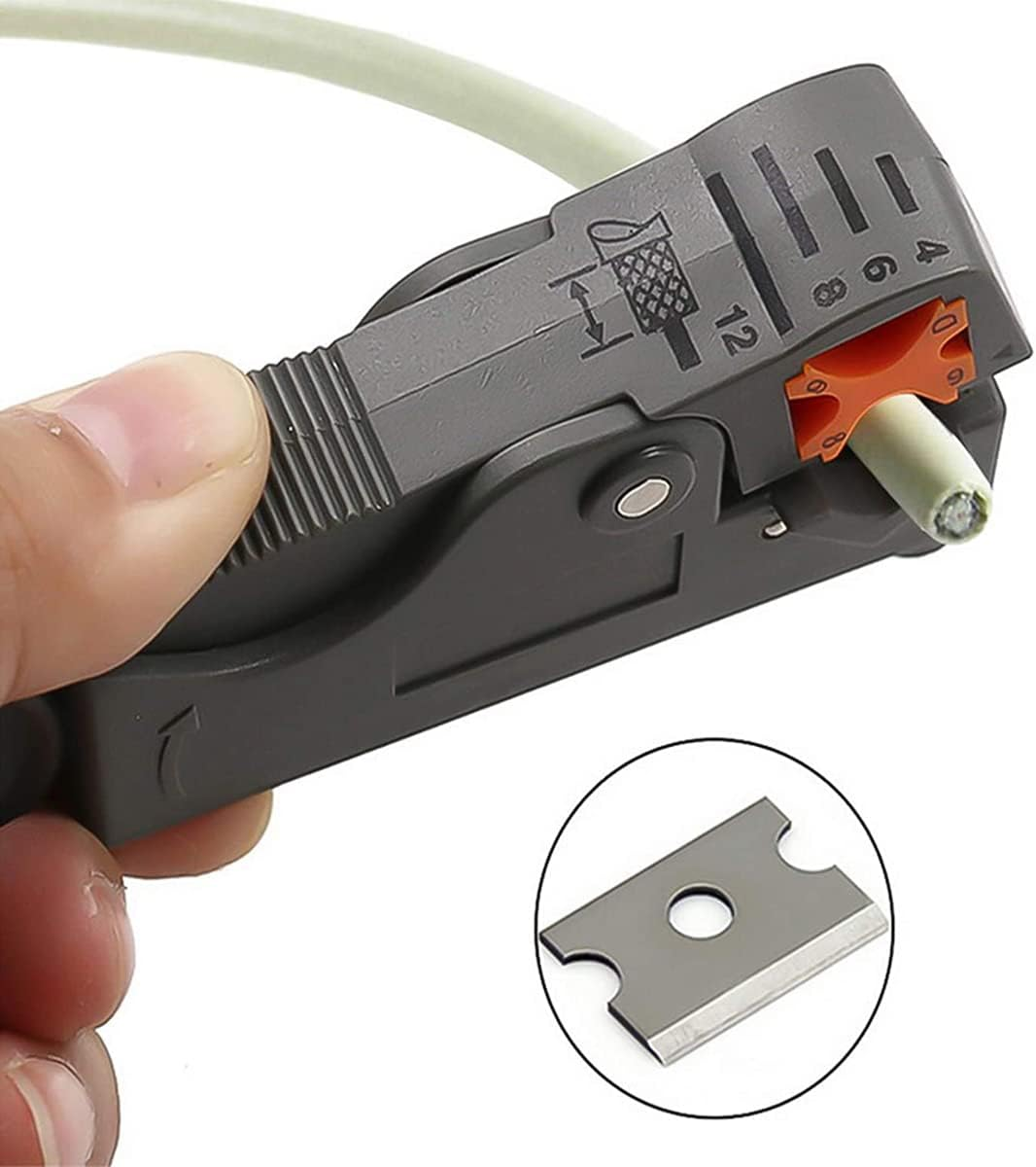 Grauer Kabelabisolierer mit weißem Kabel und Klinge im Kreis.