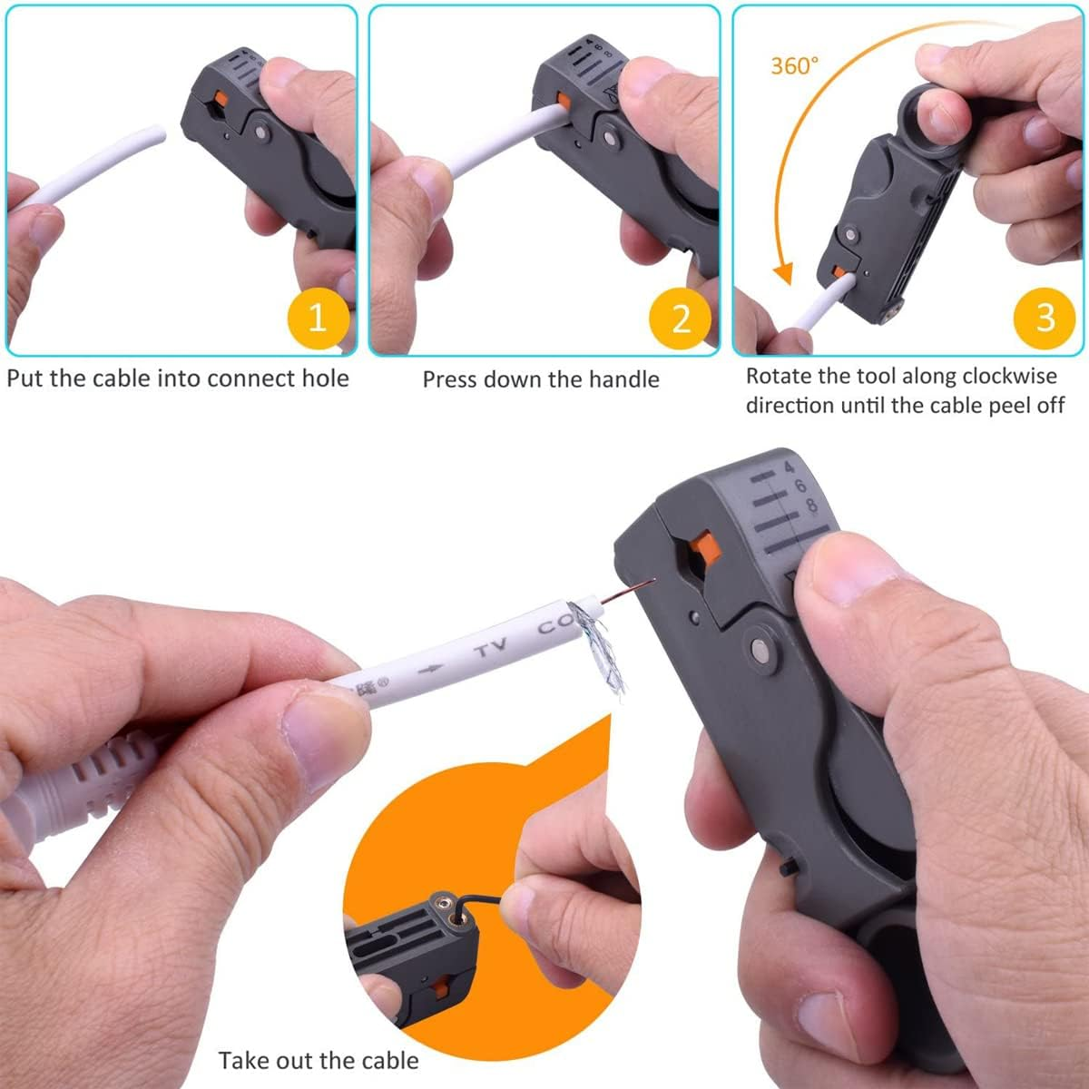 Werkzeug schält Kabel: Kabel einführen, Griff drücken, drehen zum Abisolieren.