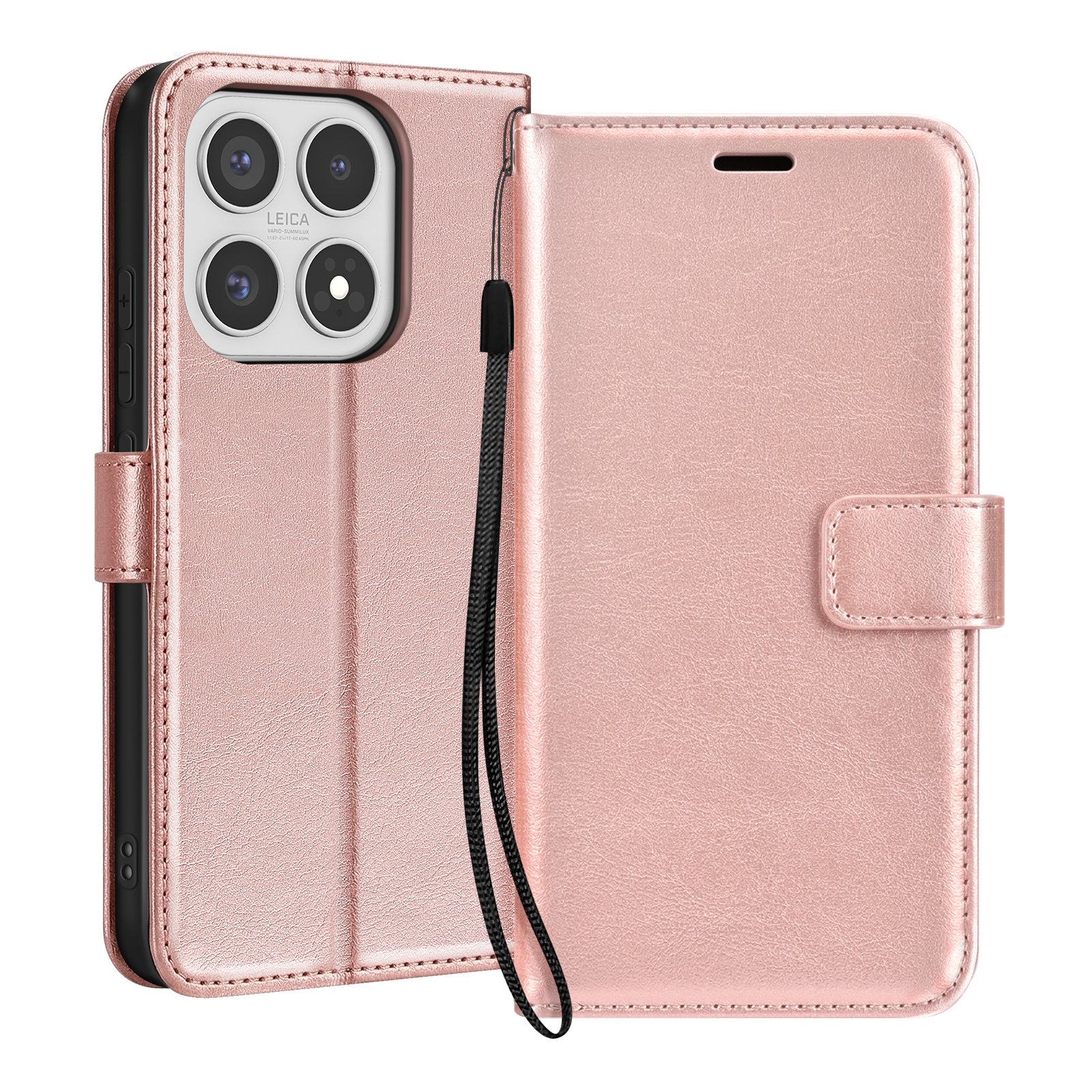 Een roségouden flip telefoonhoes met vier camera's en een polsbandje.