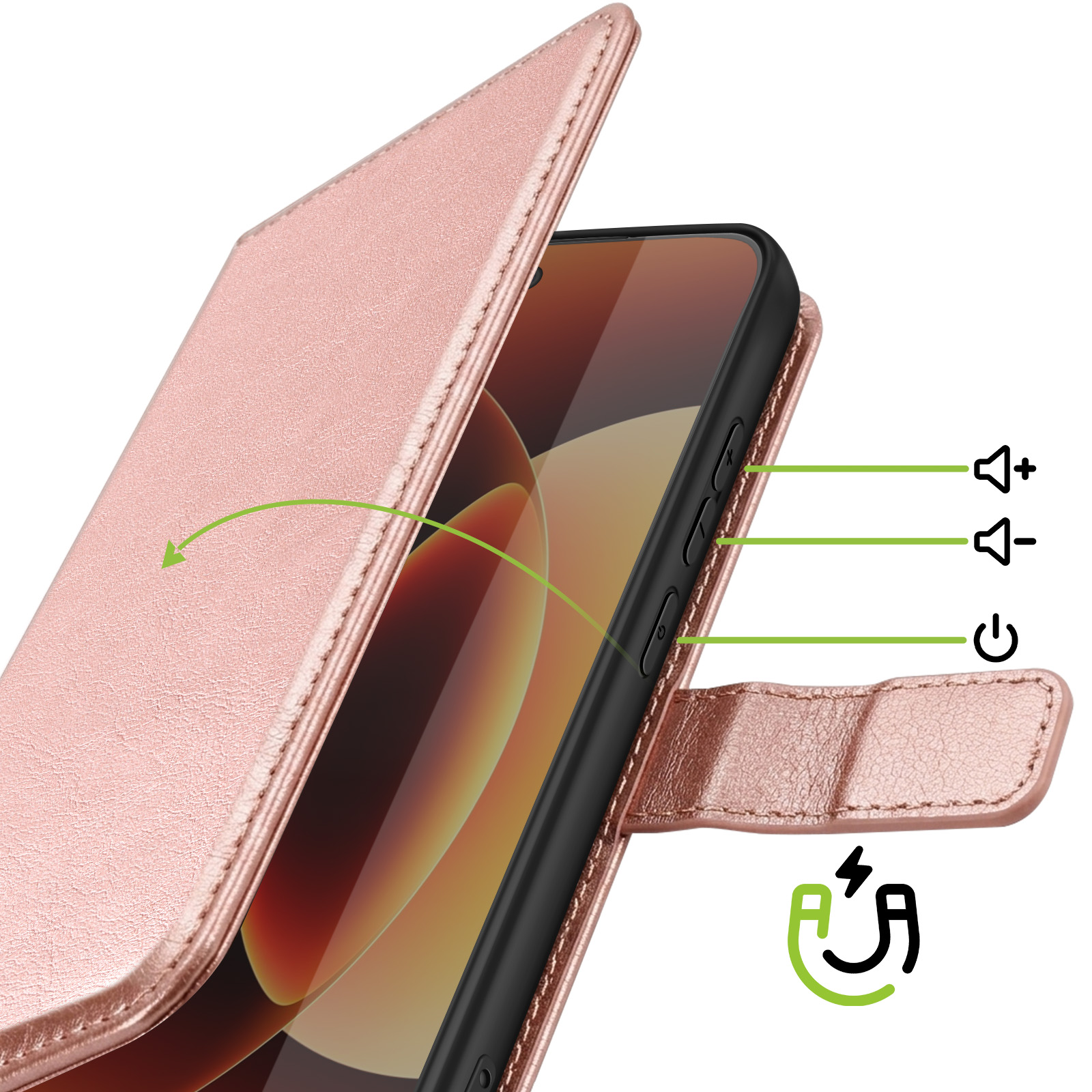 Een roségouden telefoonhoesje met volumeknoppen en aan/uitknop.