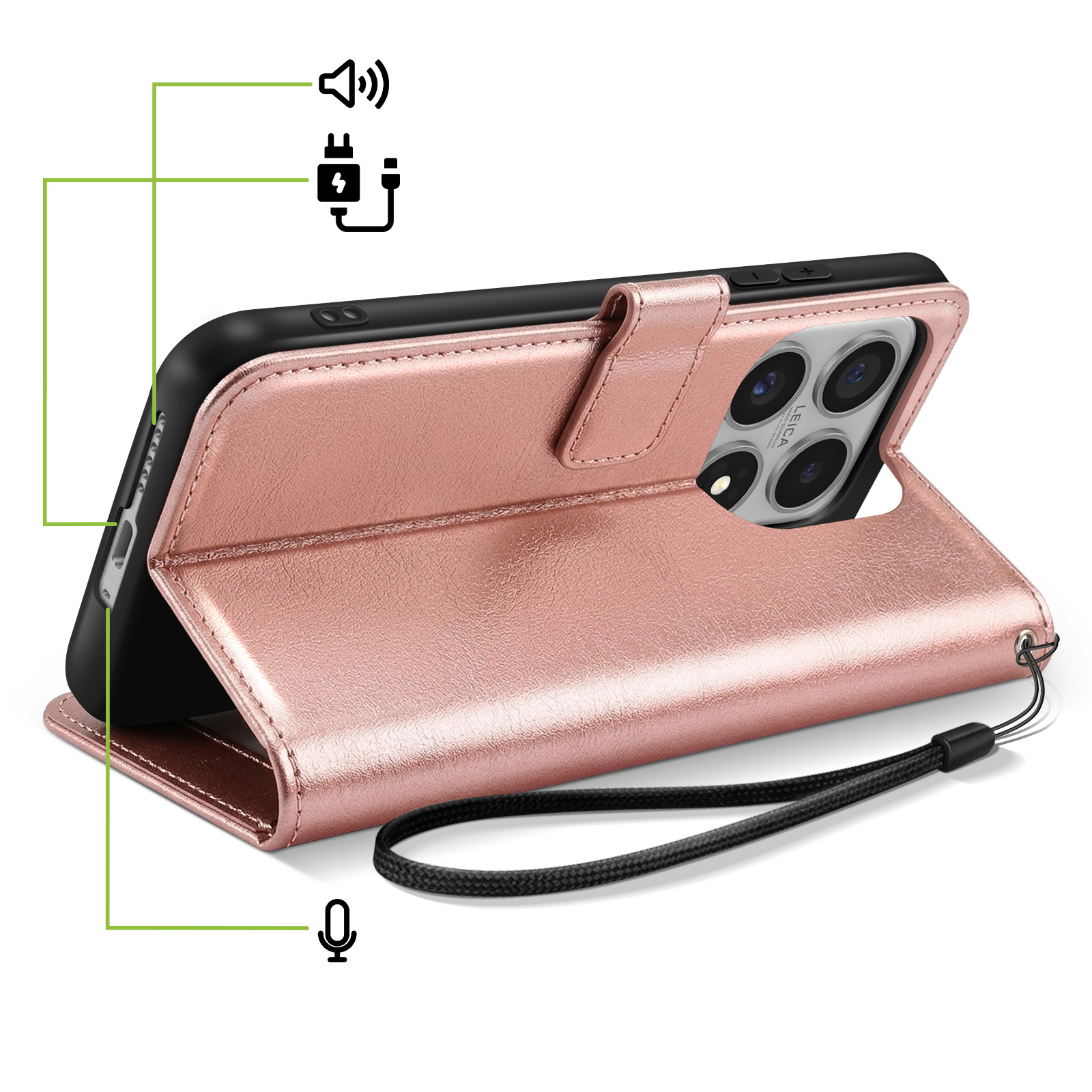 Een roségouden telefoonhoes met camera, oplaadpoort, luidspreker, microfoon.