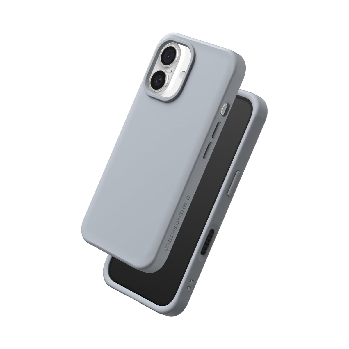 Een grijze telefoon met twee camera's en een hoesje op witte achtergrond.