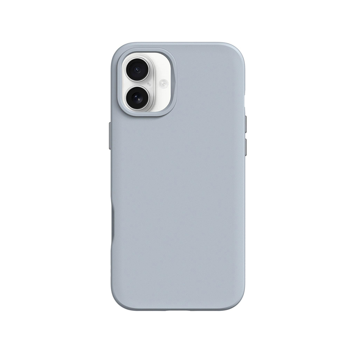 Een lichtblauwe telefoonhoes met twee cameralenzen op een witte achtergrond.