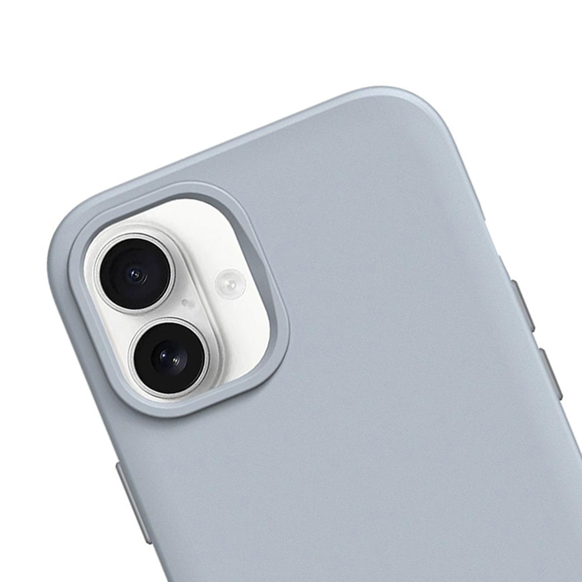 Grijze telefoonhoes met twee cameralenzen en flitser.