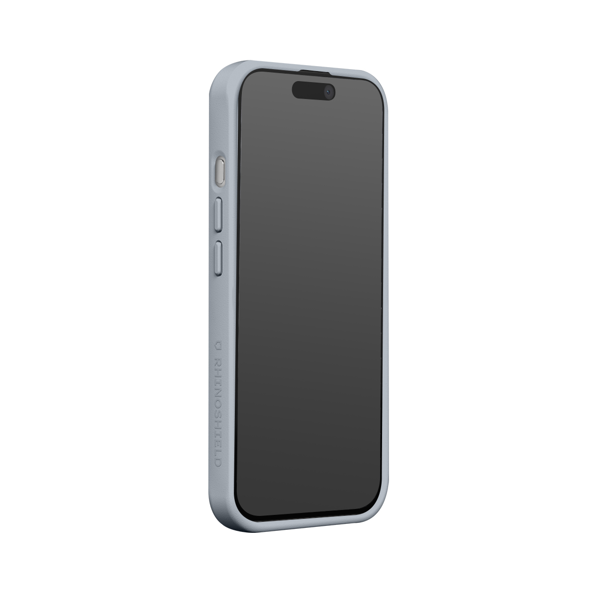 Een grijze smartphone met een zwart scherm in een beschermhoes.