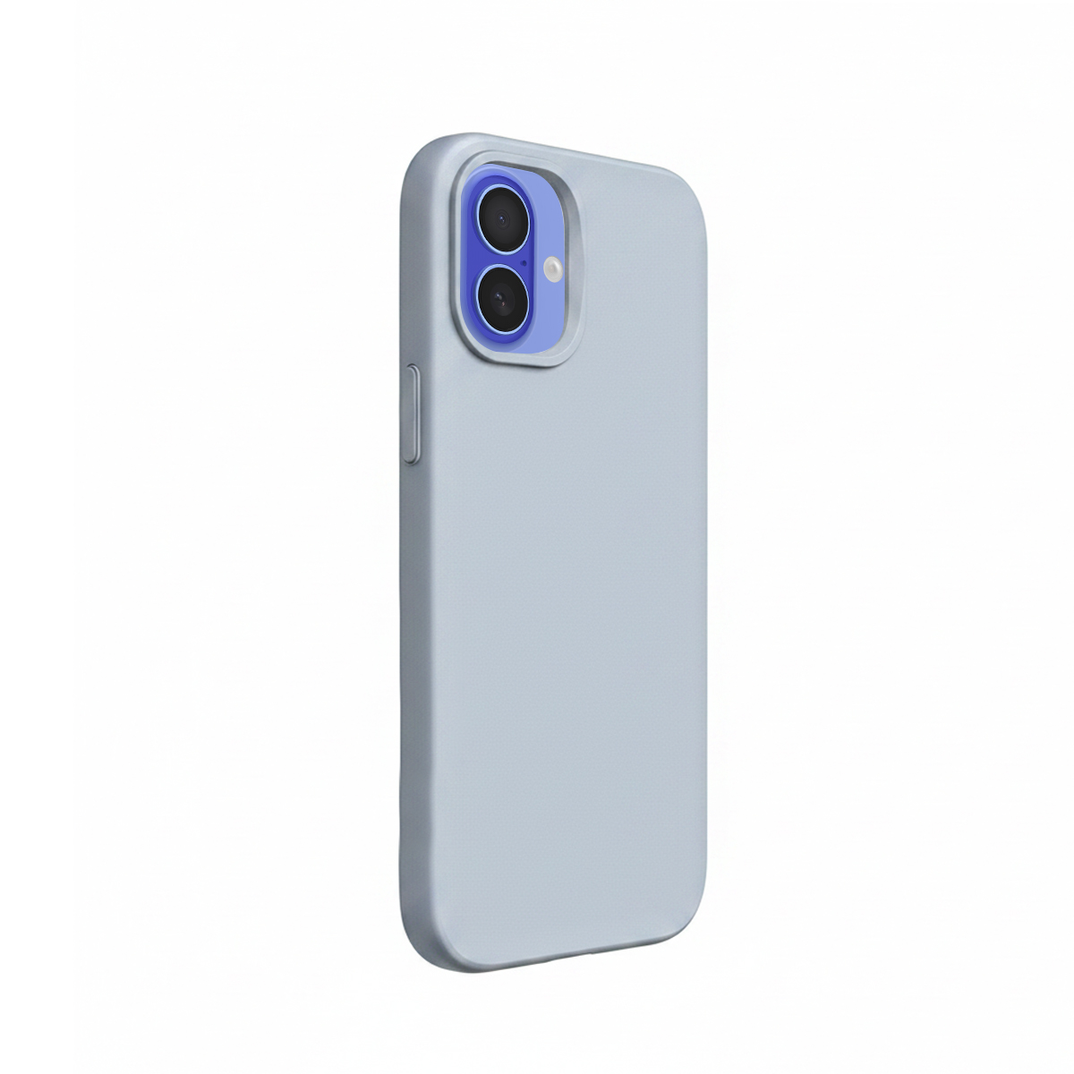 Coque de téléphone gris clair avec objectifs photo bleus, sur fond blanc.