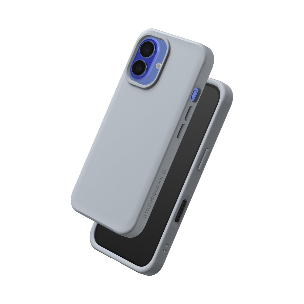 Une coque de téléphone gris clair avec un contour de caméra bleu sur fond blanc.