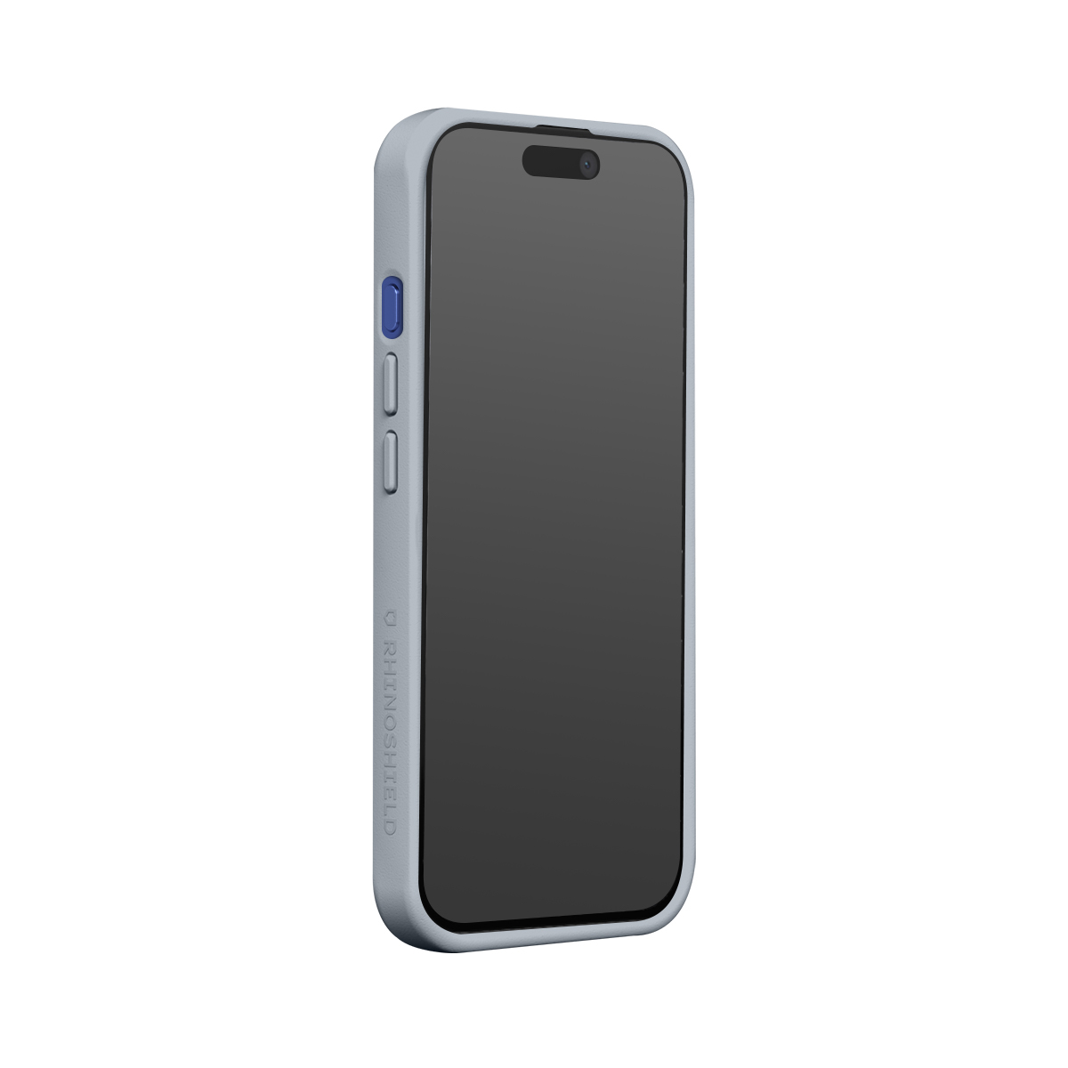 Un smartphone gris clair avec un écran sombre et des boutons bleus sur le côté.