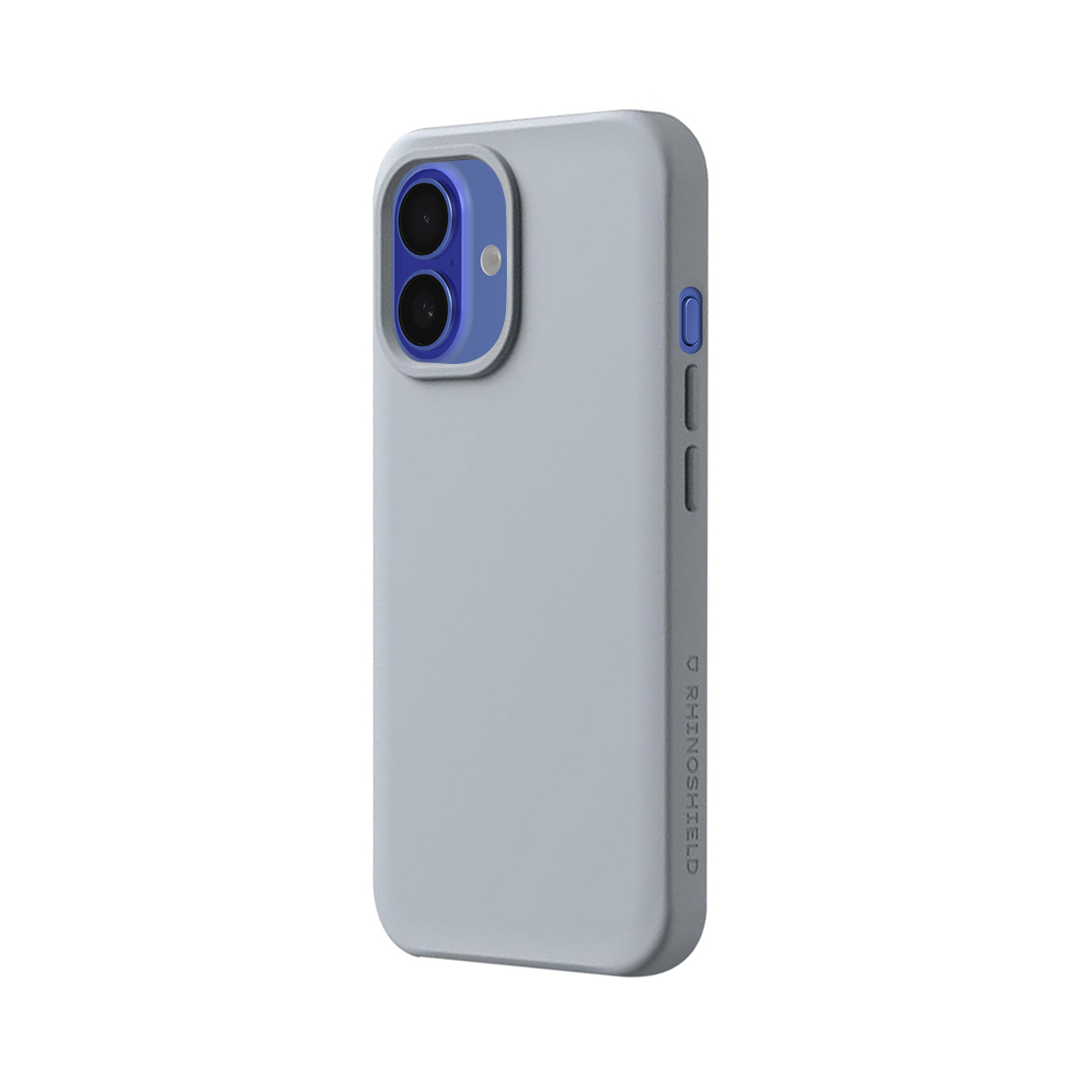 Coque de téléphone gris clair avec objectif de caméra bleu et logo Rhinosheild.