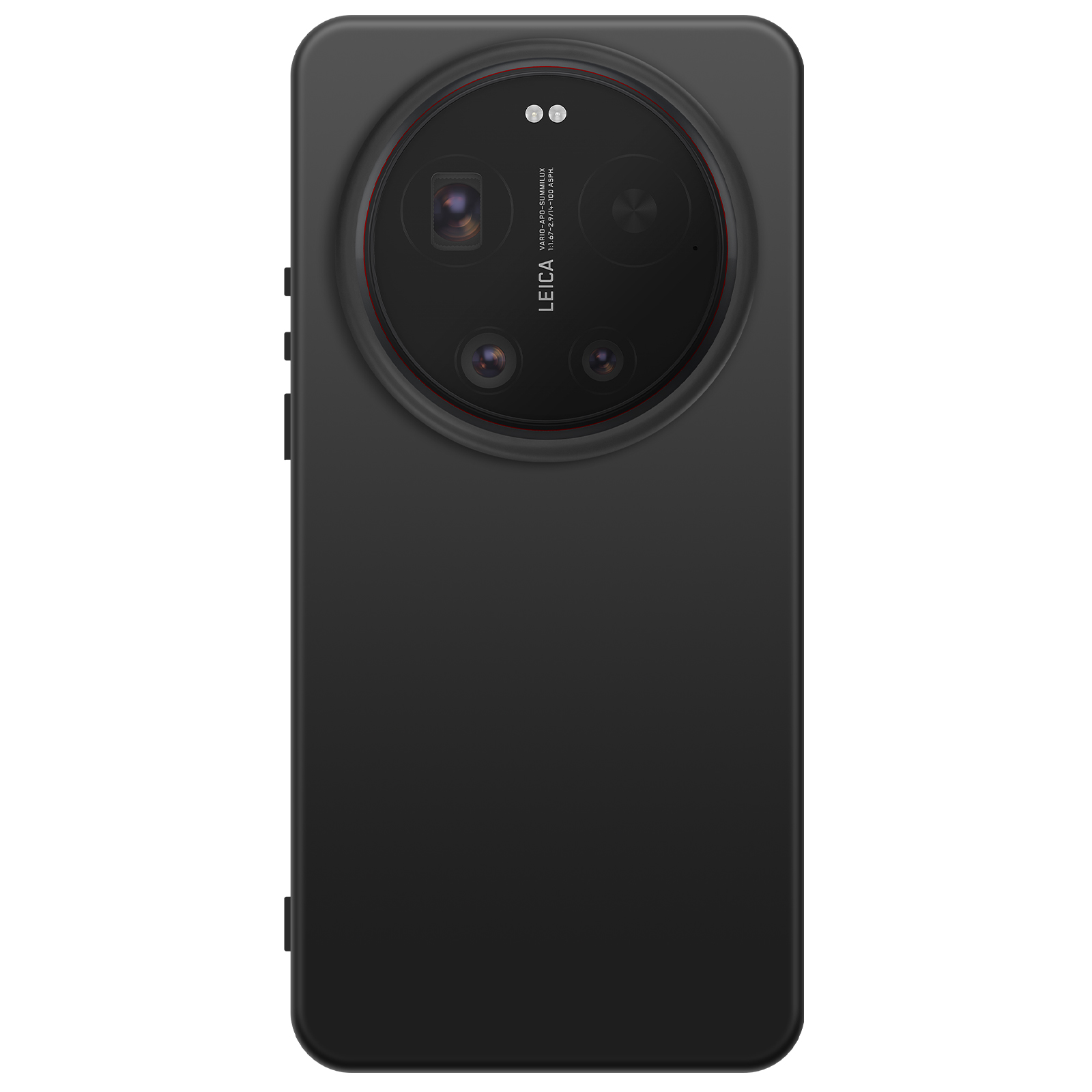 Smartphone nero con unità fotocamera rotonda con marchio Leica e tre obiettivi.
