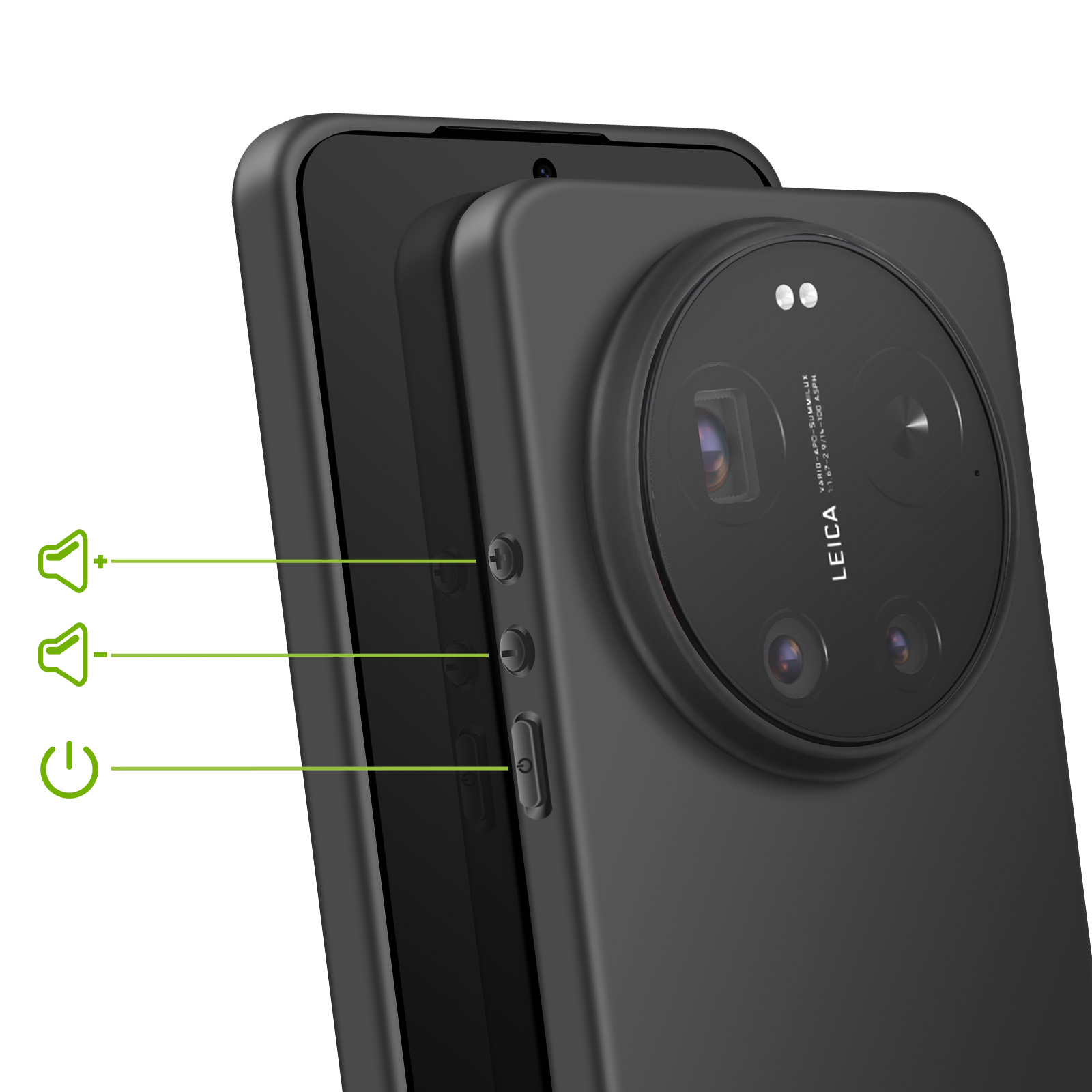 Smartphone nero con grande unità fotocamera rotonda e pulsanti volume.