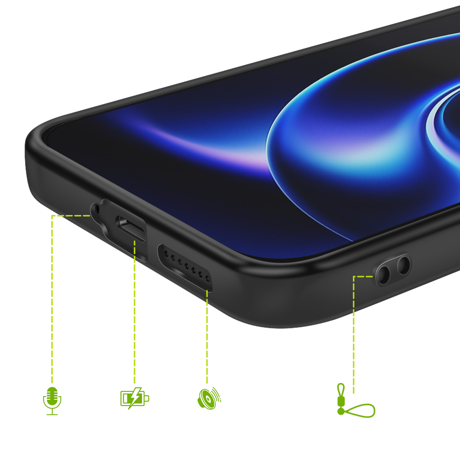 Custodia nera per telefono con porte, icone microfono, ricarica e altoparlante.