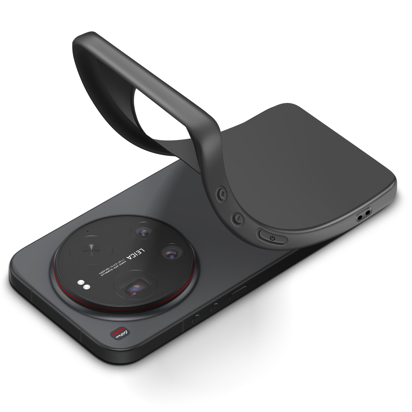 Smartphone nero con custodia staccata, che rivela una tripla fotocamera posteriore.
