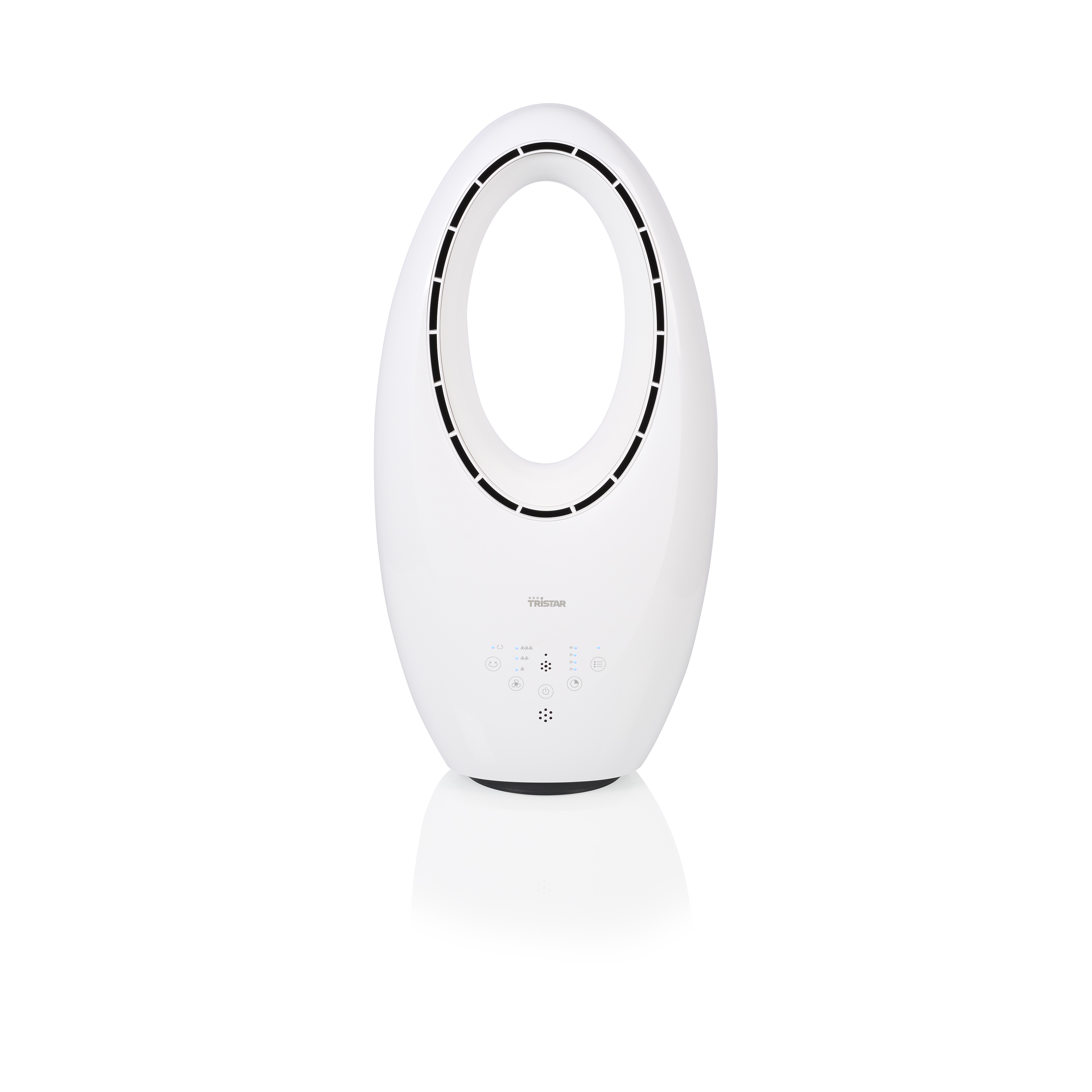 Un ventilatore a torre bianco e ovale con controlli touch e fessure di ventilazione.