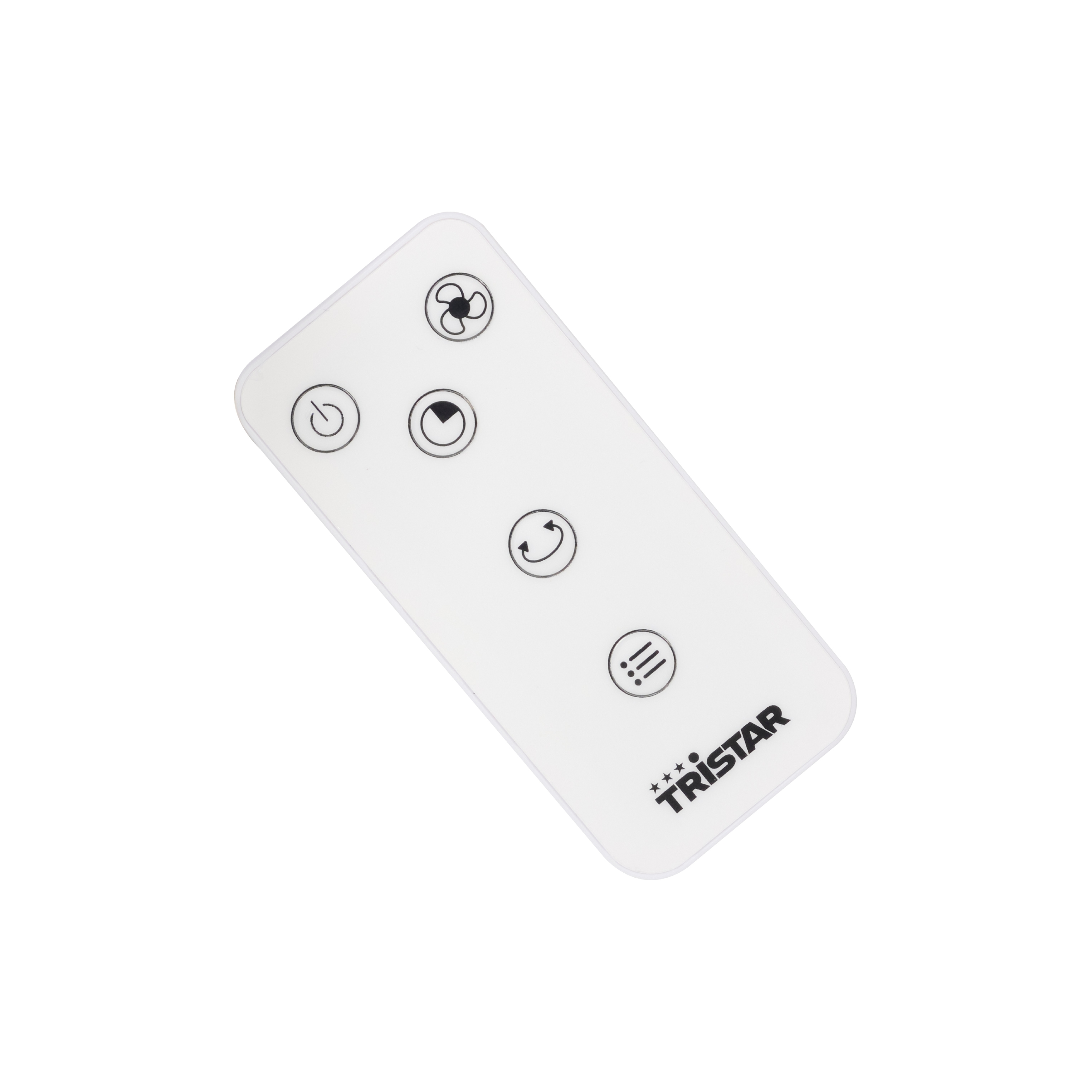 Un telecomando bianco con icone nere e la scritta Tristar.