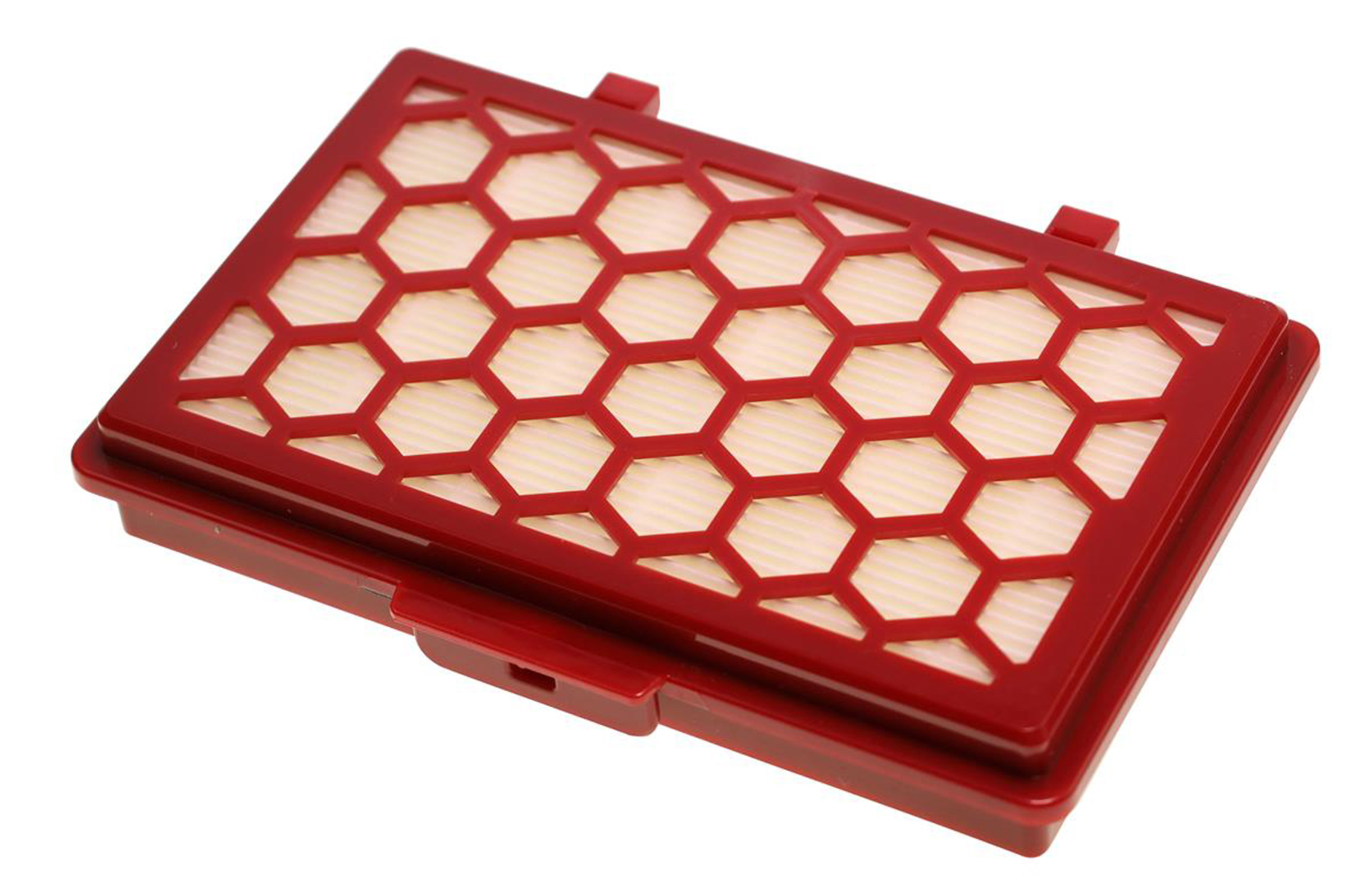 Rotes rechteckiges Filterelement mit wabenförmiger Oberflächenstruktur und beige Filtermedien.