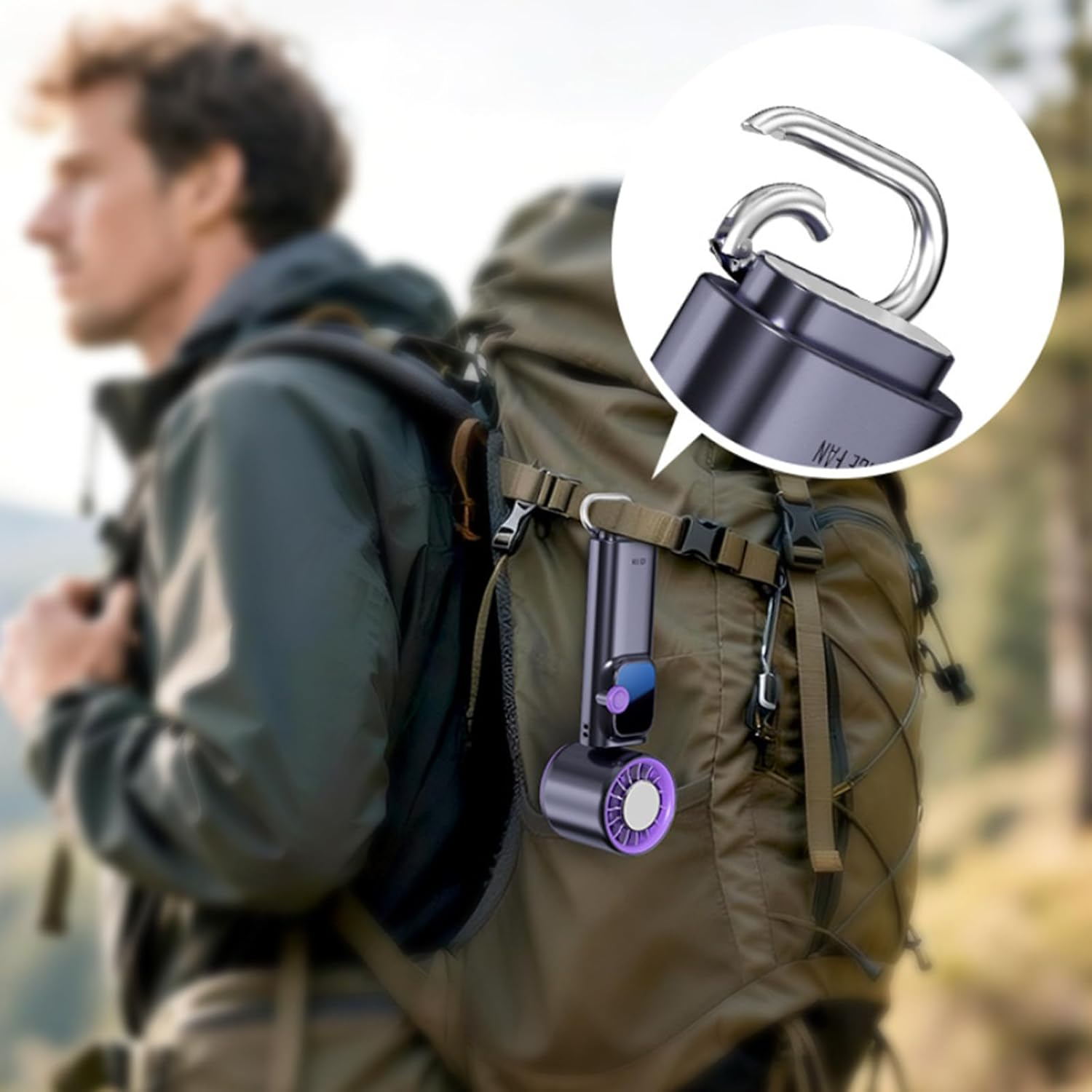 Ein Mann mit Rucksack trägt einen Lüfter mit Haken im Detail.