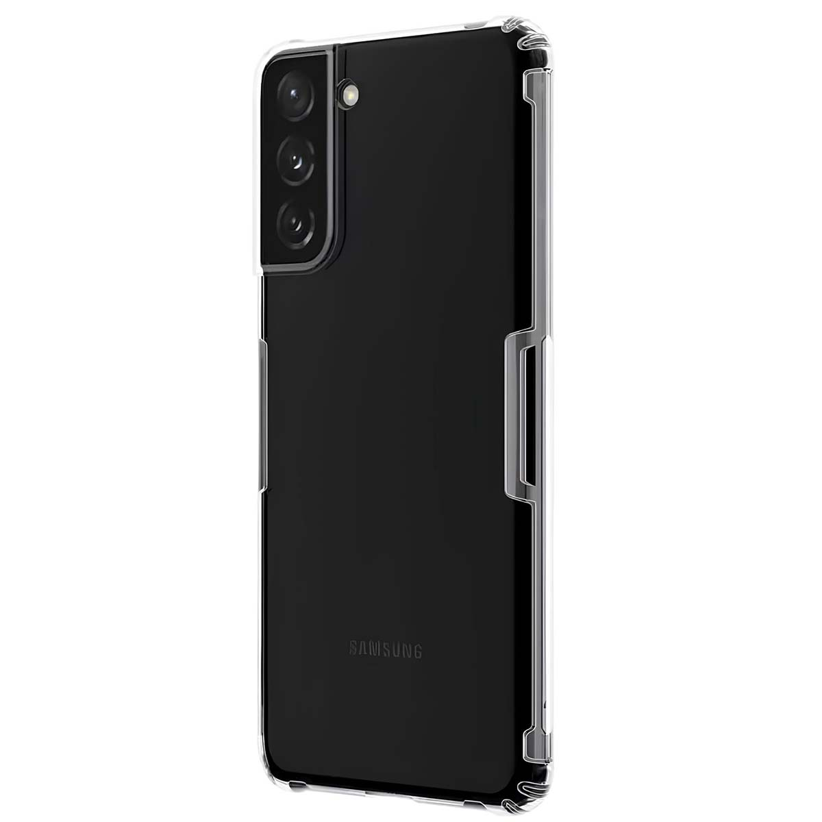 Custodia trasparente per smartphone Samsung nero con configurazione a tripla fotocamera.