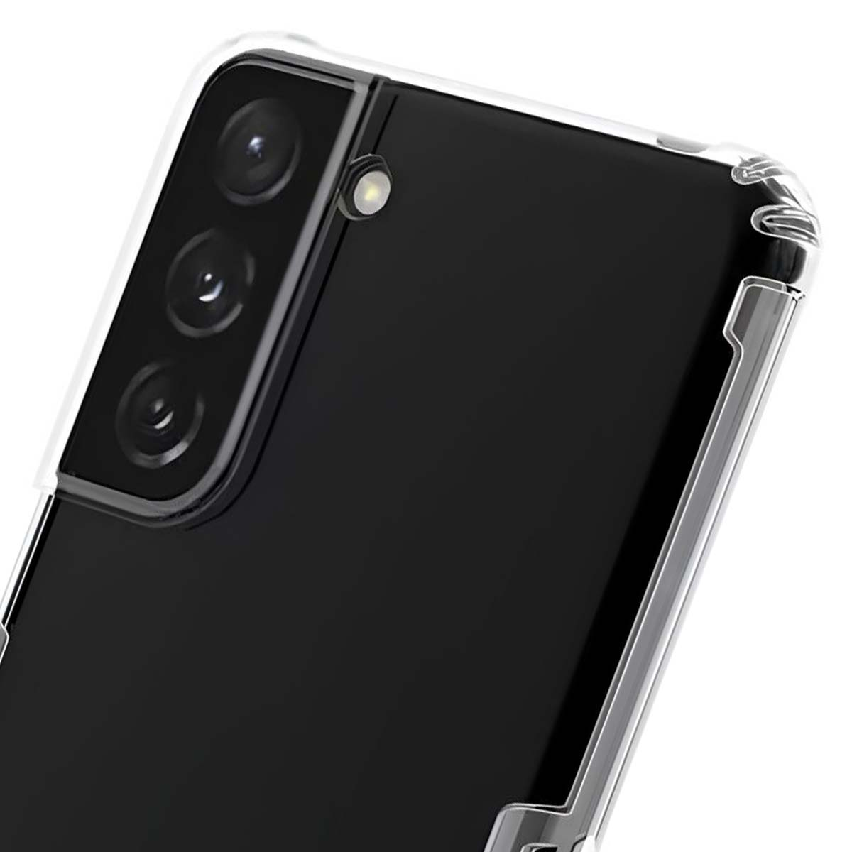 Custodia trasparente per telefono mostra tripla fotocamera e flash.
