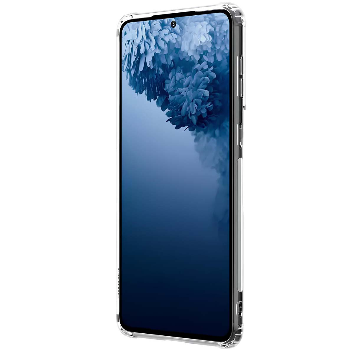 Una custodia trasparente per smartphone con sfondo floreale blu.