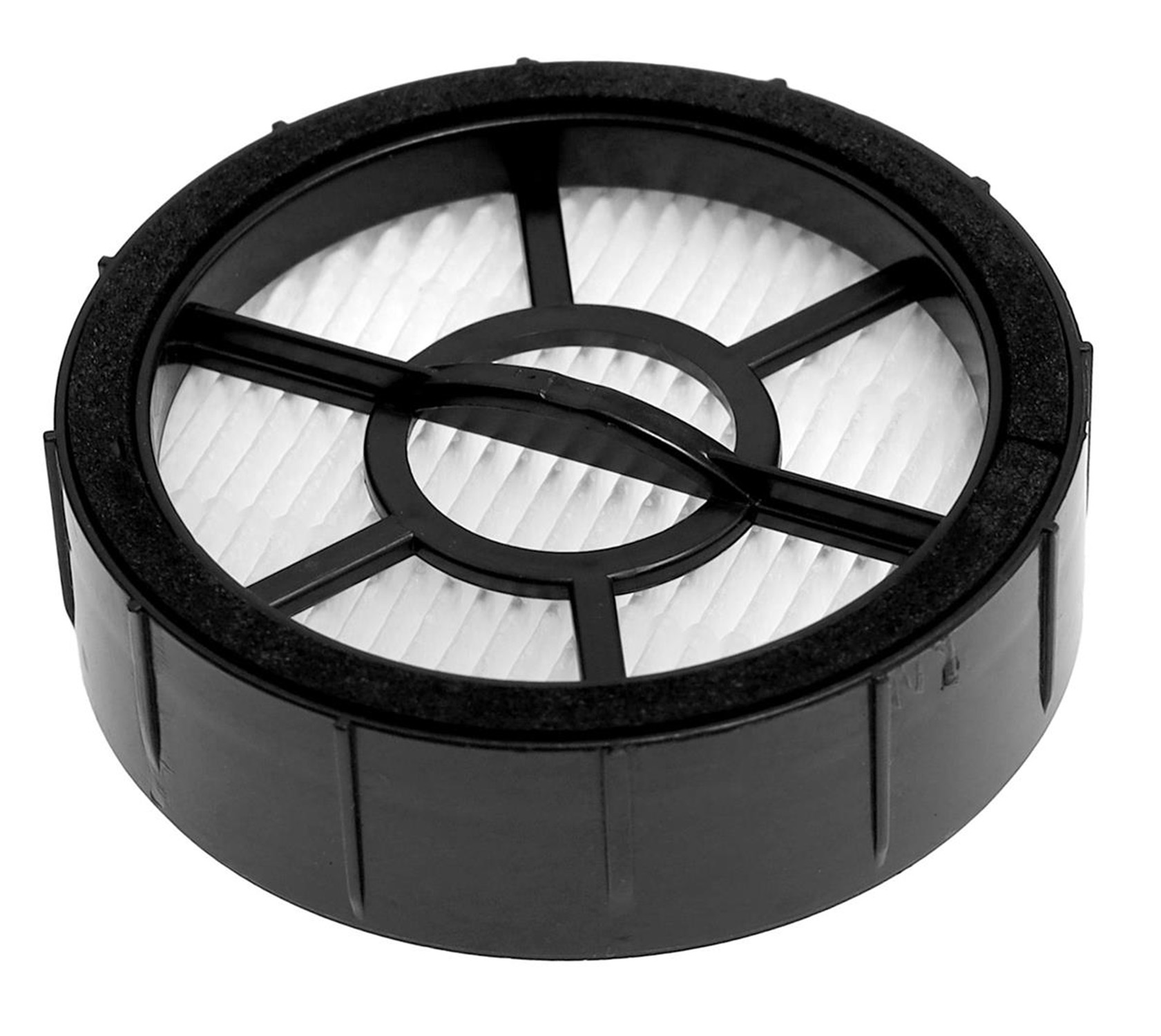 Ein runder schwarzer Staubsaugerfilter mit weißem Faltenpapier.