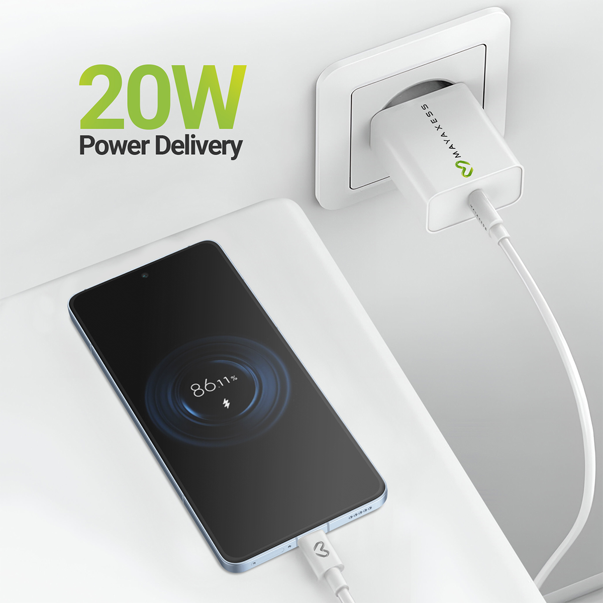 Uno smartphone all'86% di carica è collegato a un alimentatore bianco da 20W.