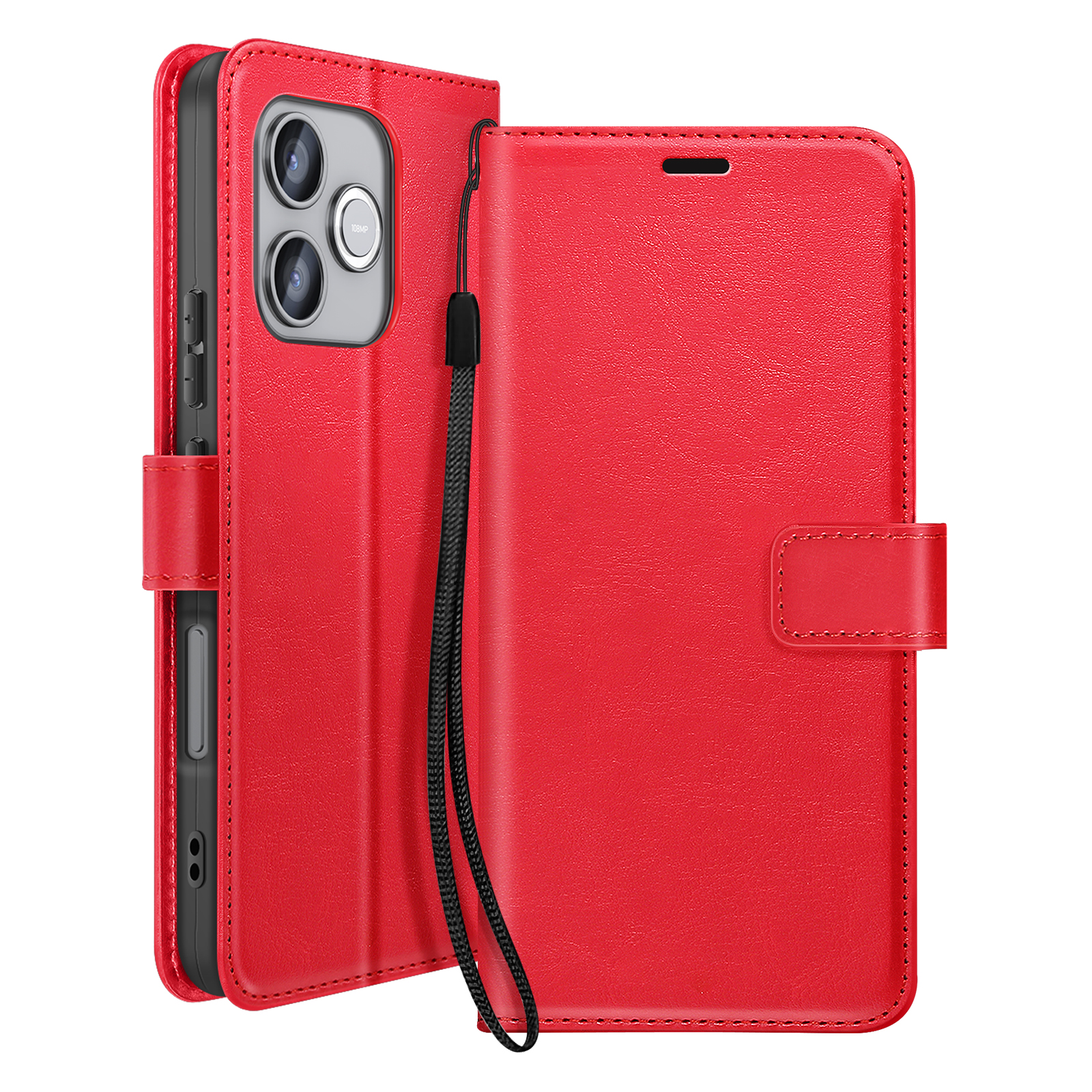 Étui rouge en cuir pour téléphone avec caméras et dragonne.