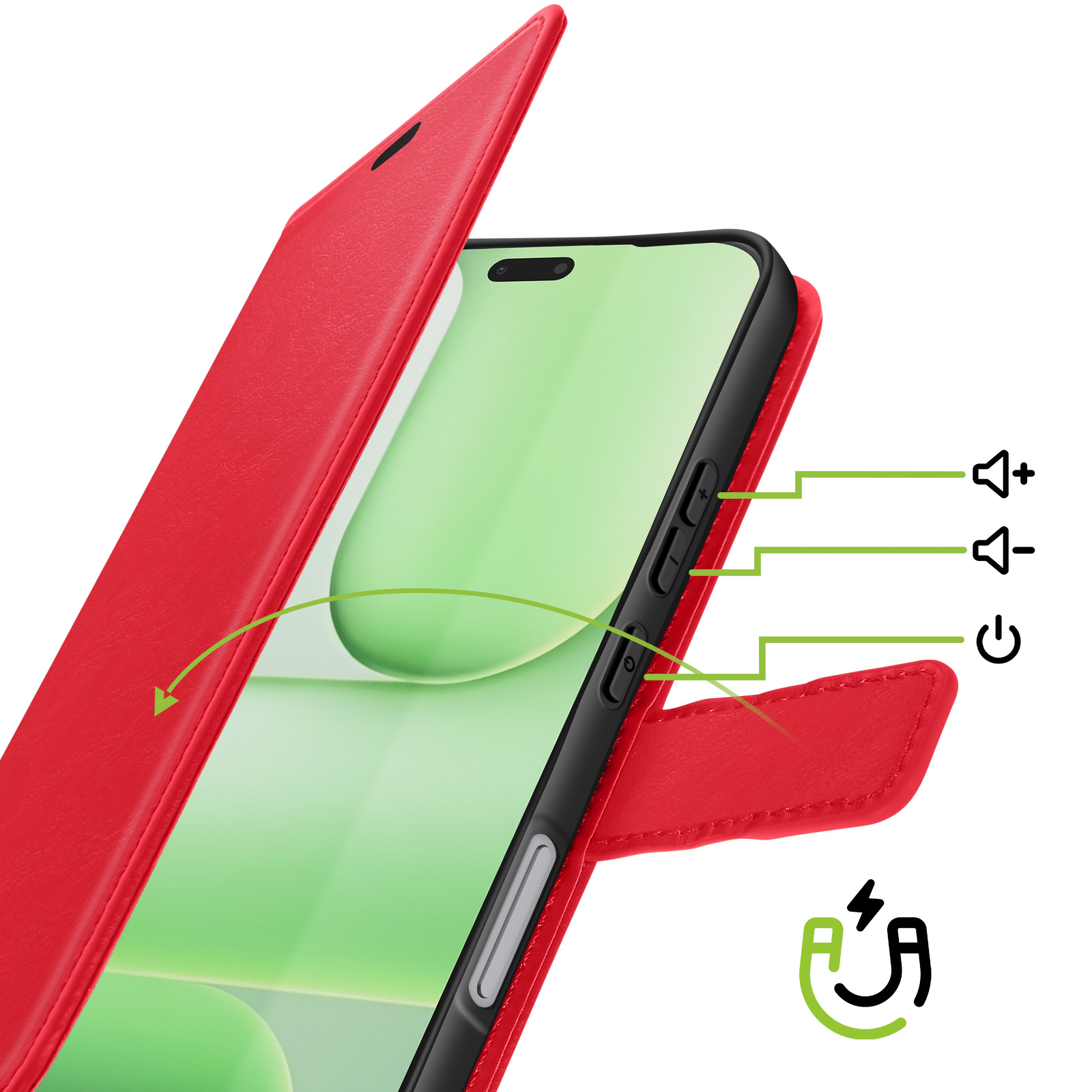 Étui de téléphone rouge avec couvercle ouvert, montrant les boutons volume et alimentation.